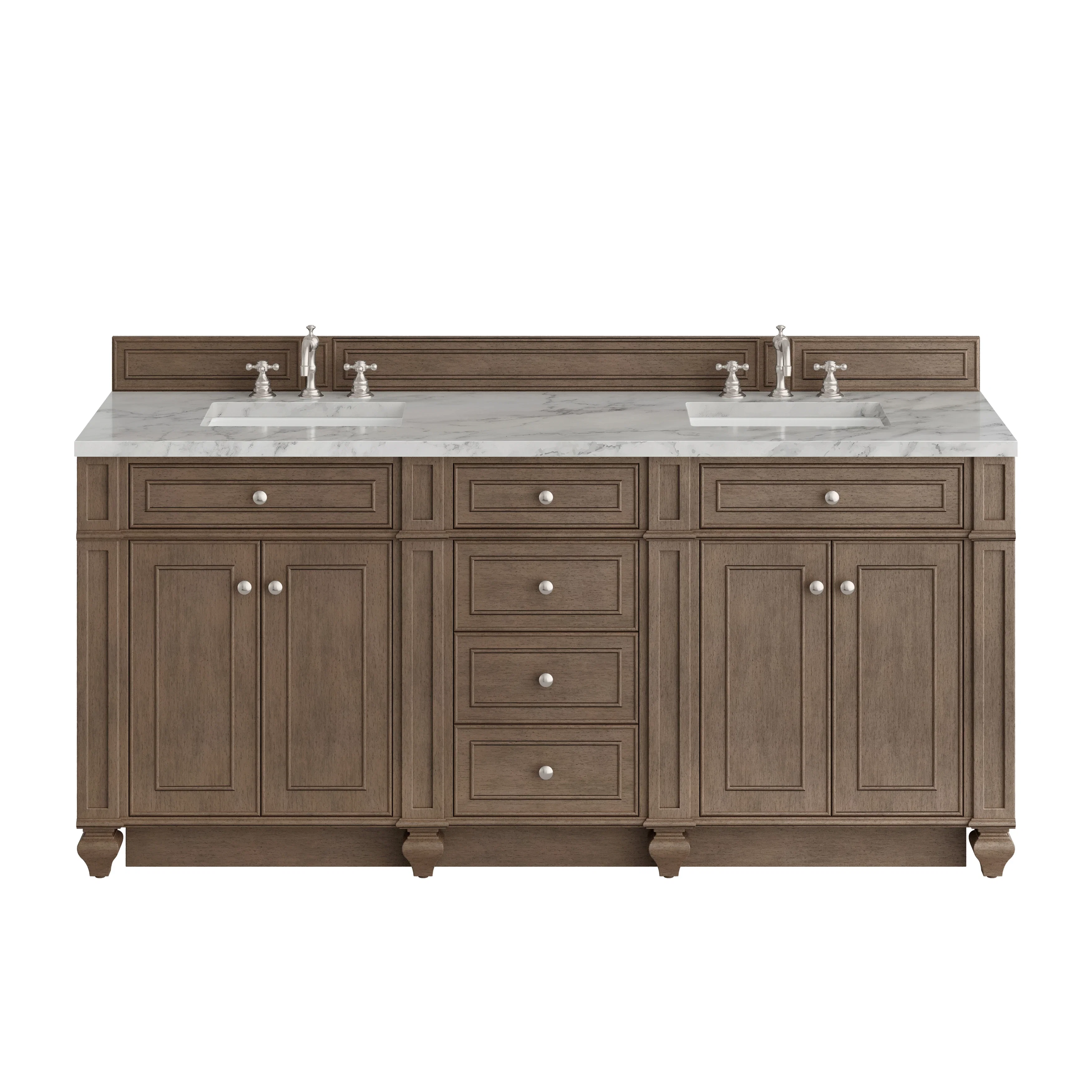 Bristol 72" Double Vanity, Whitewashed Walnut w/ 3 CM Carrara Marble Top