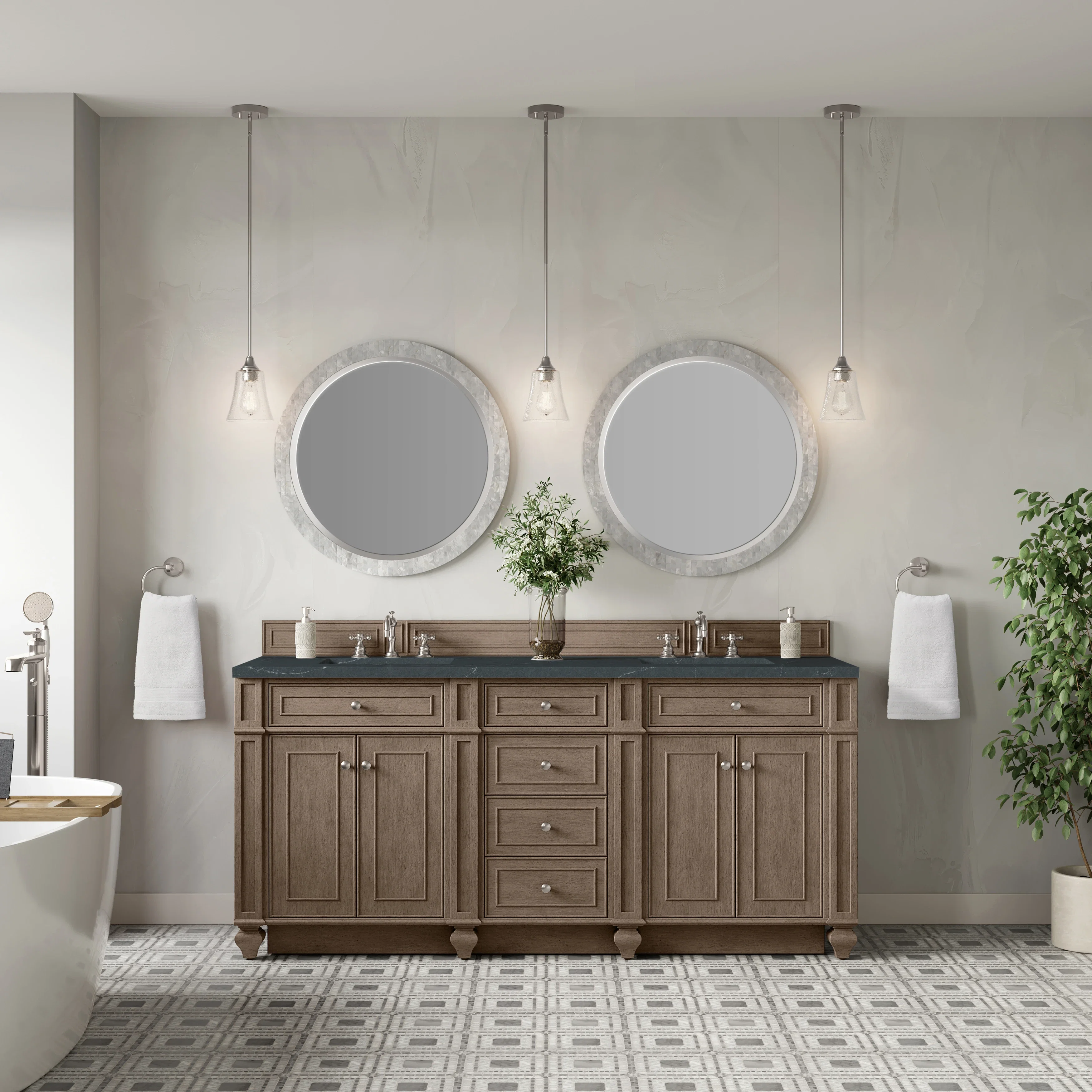 Bristol 72" Double Vanity, Whitewashed Walnut w/ 3 CM Charcoal Soapstone Silestone Top
