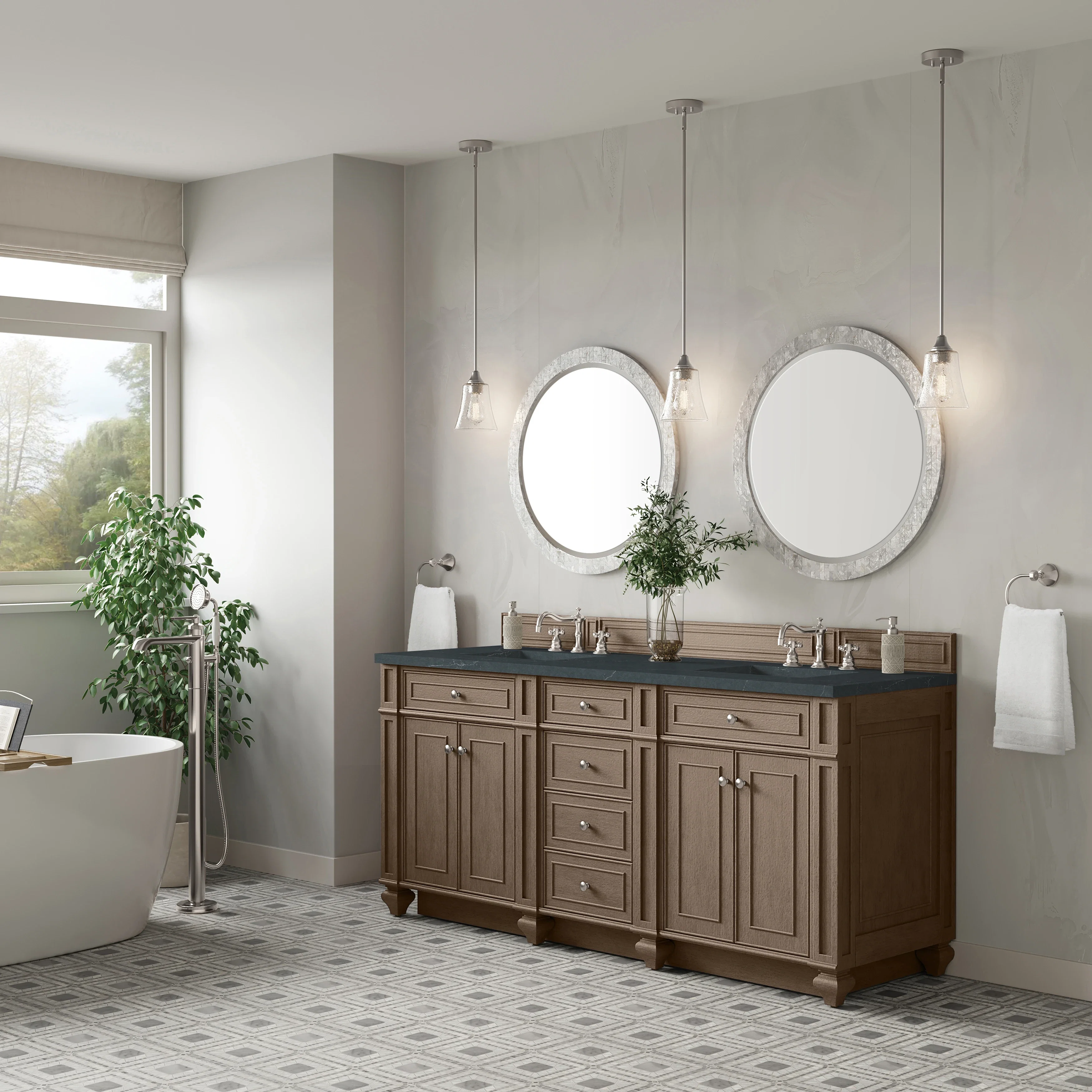 Bristol 72" Double Vanity, Whitewashed Walnut w/ 3 CM Charcoal Soapstone Silestone Top