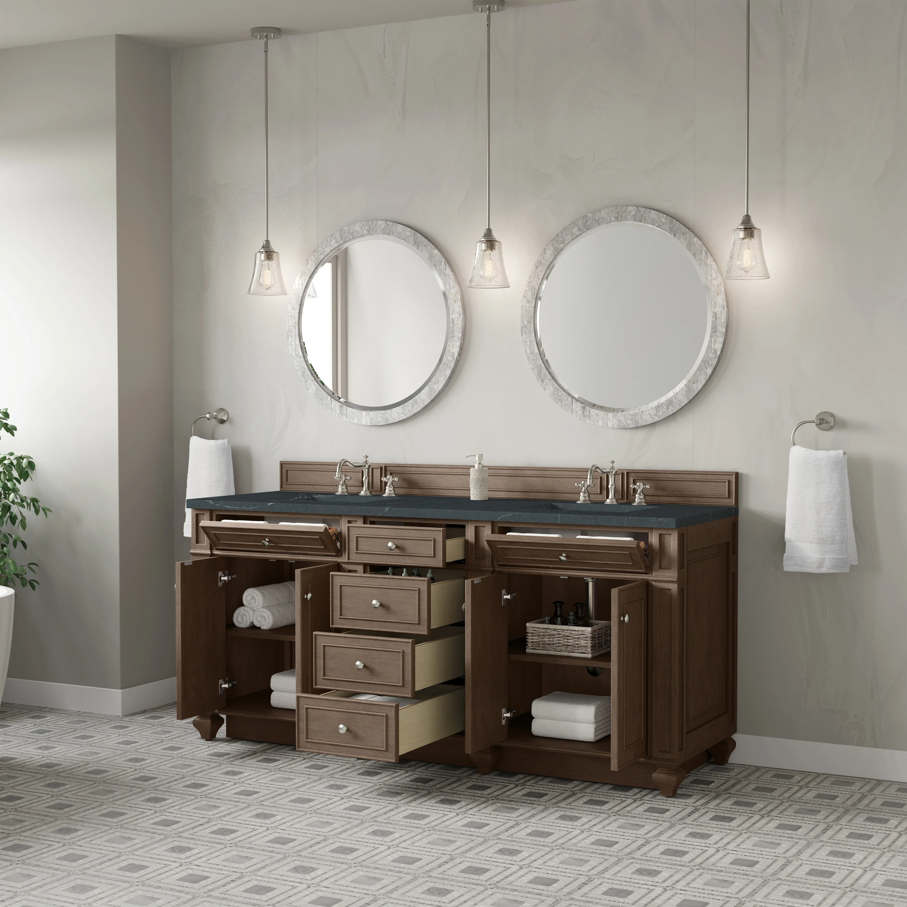 Bristol 72" Double Vanity, Whitewashed Walnut w/ 3 CM Charcoal Soapstone Silestone Top