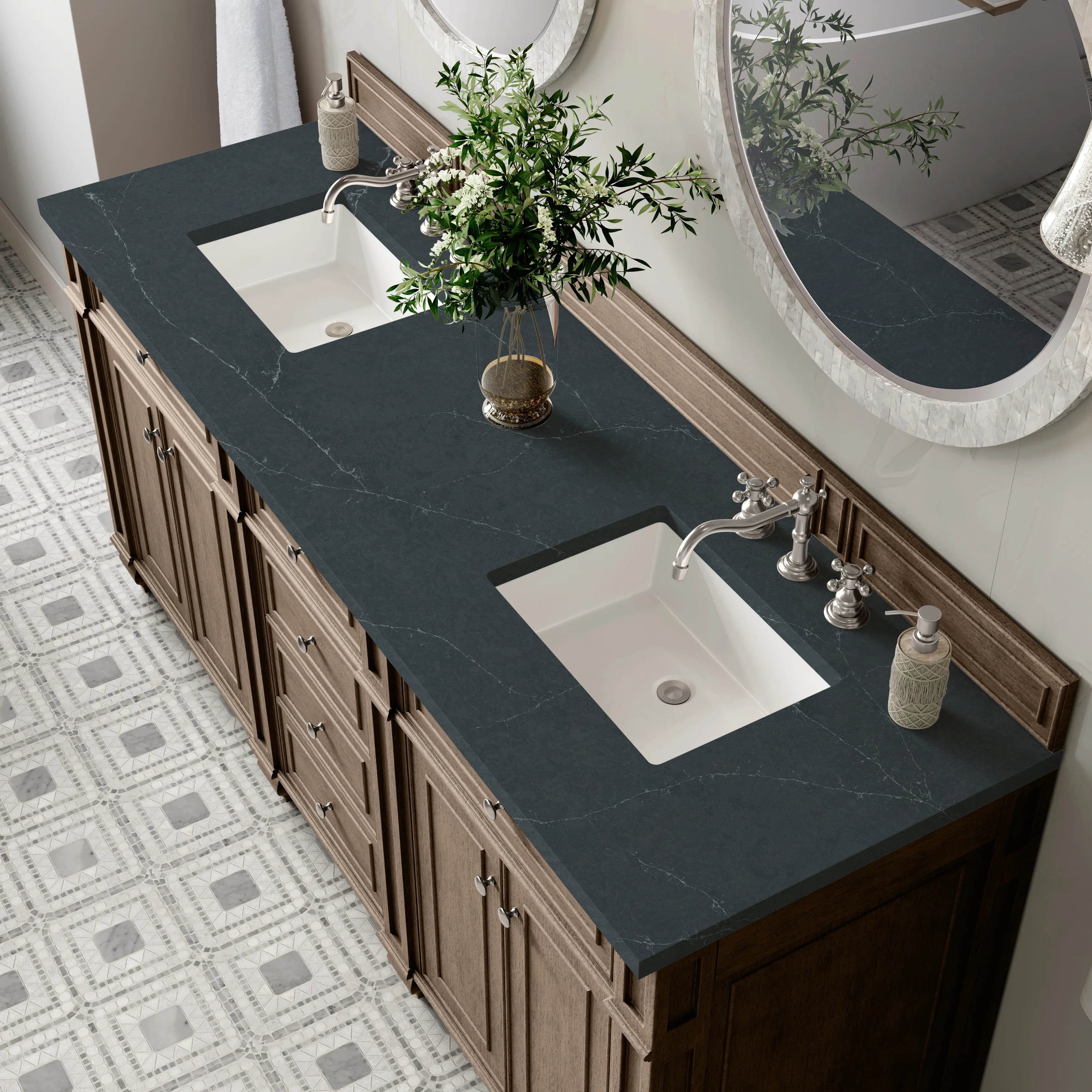 Bristol 72" Double Vanity, Whitewashed Walnut w/ 3 CM Charcoal Soapstone Silestone Top