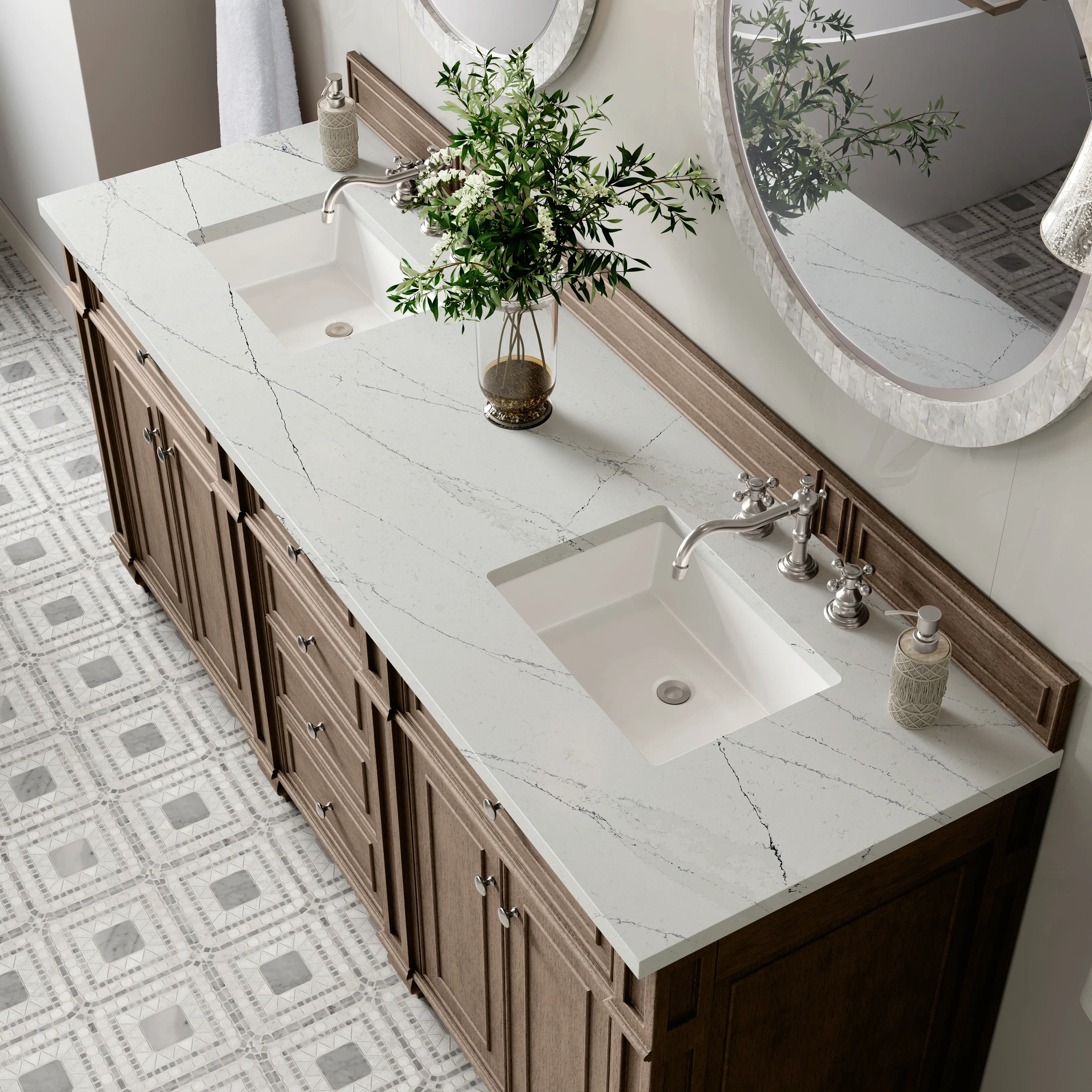 Bristol 72" Double Vanity, Whitewashed Walnut w/ 3 CM Ethereal Noctis Silestone Top