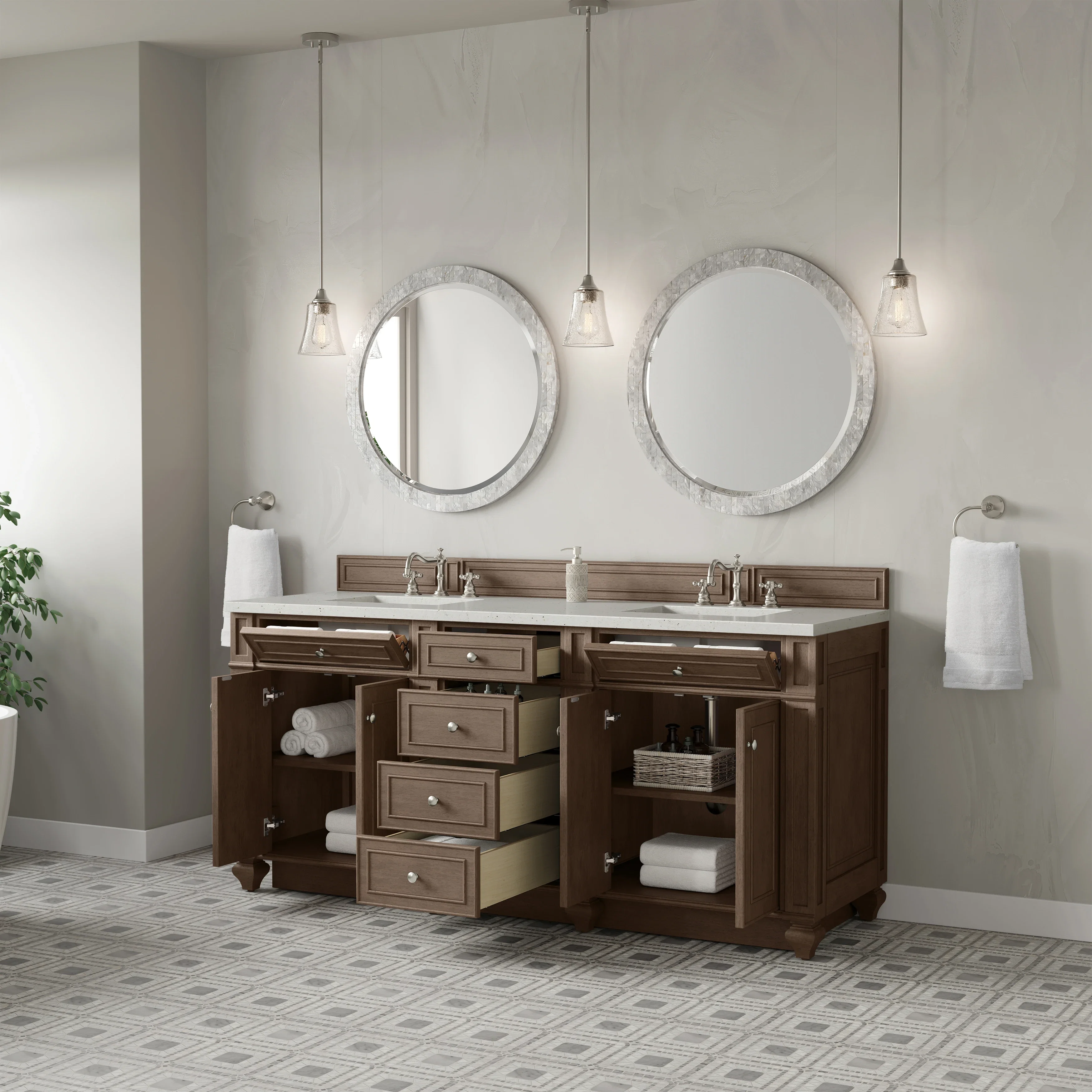 Bristol 72" Double Vanity, Whitewashed Walnut w/ 3 CM Lime Delight Silestone Top