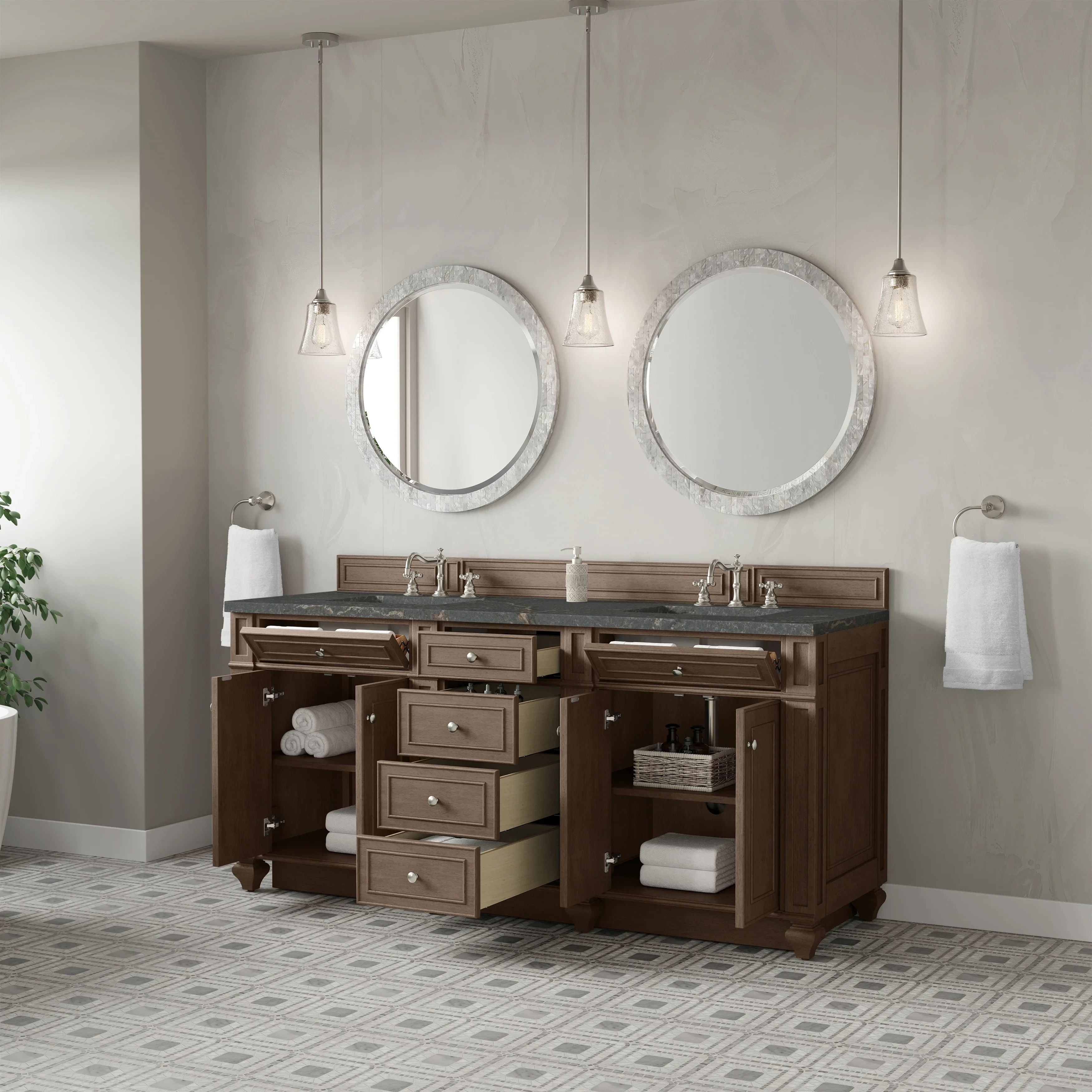 Bristol 72" Double Vanity, Whitewashed Walnut w/ 3 CM Parisien Bleu Silestone Top
