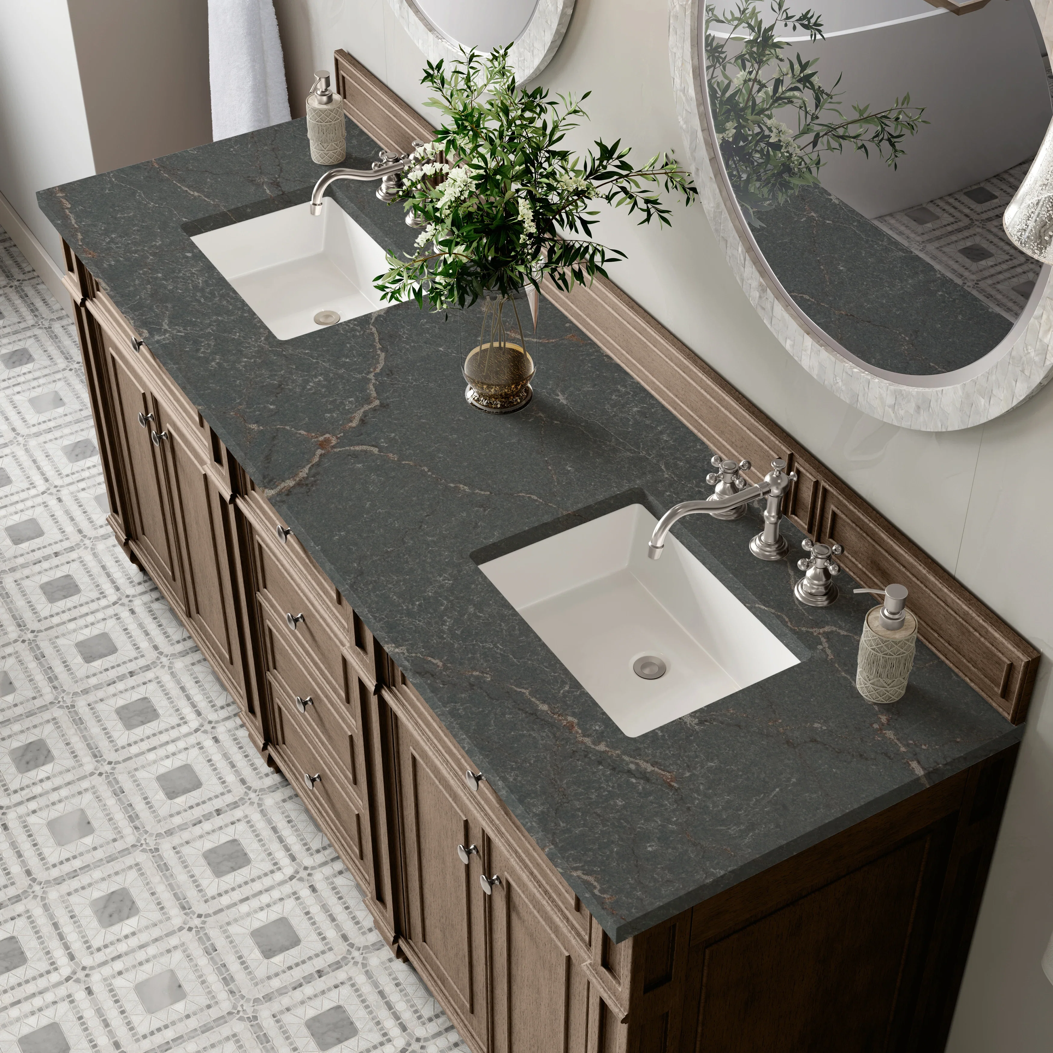Bristol 72" Double Vanity, Whitewashed Walnut w/ 3 CM Parisien Bleu Silestone Top