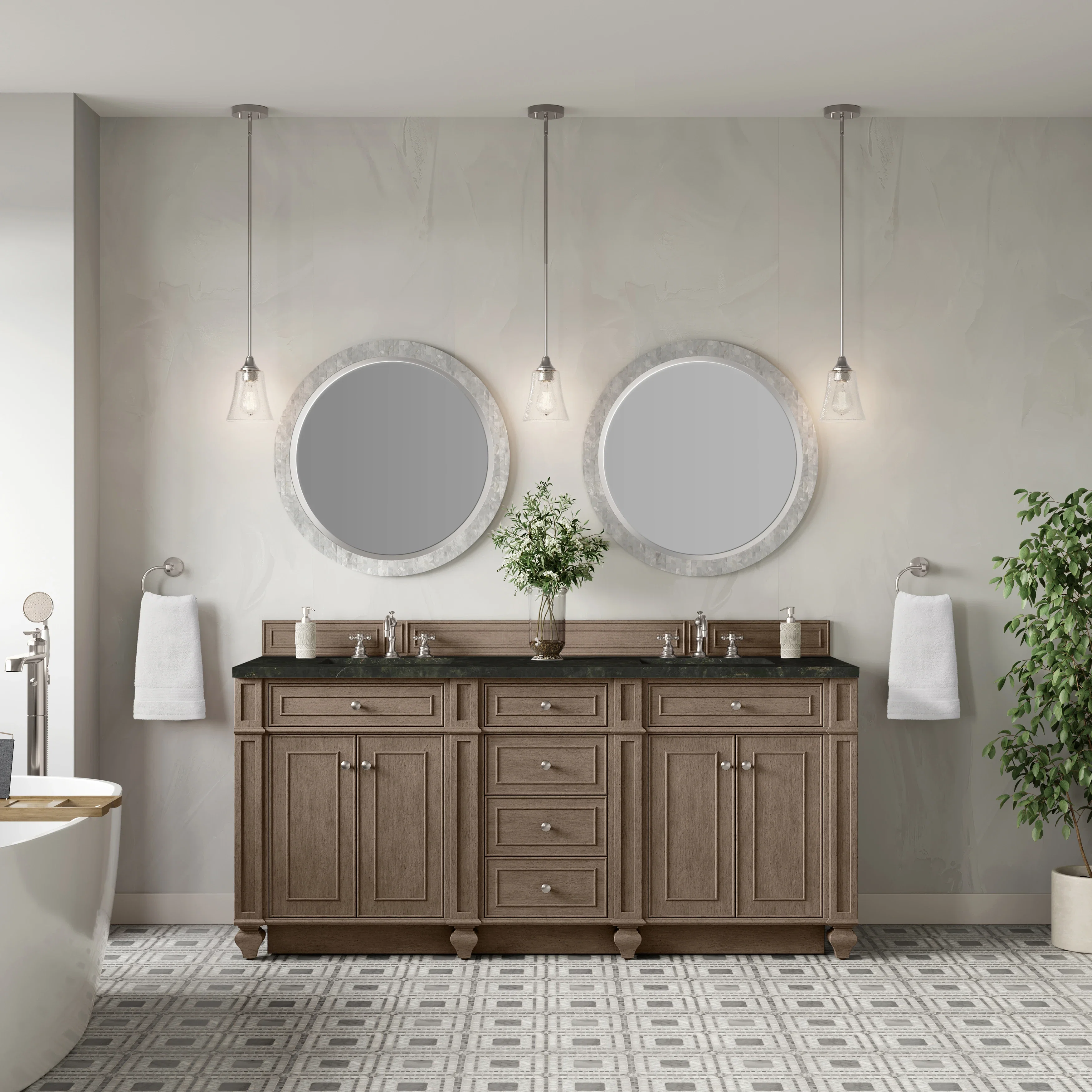 Bristol 72" Double Vanity, Whitewashed Walnut, w/ 3 CM Phantome Eclos Top
