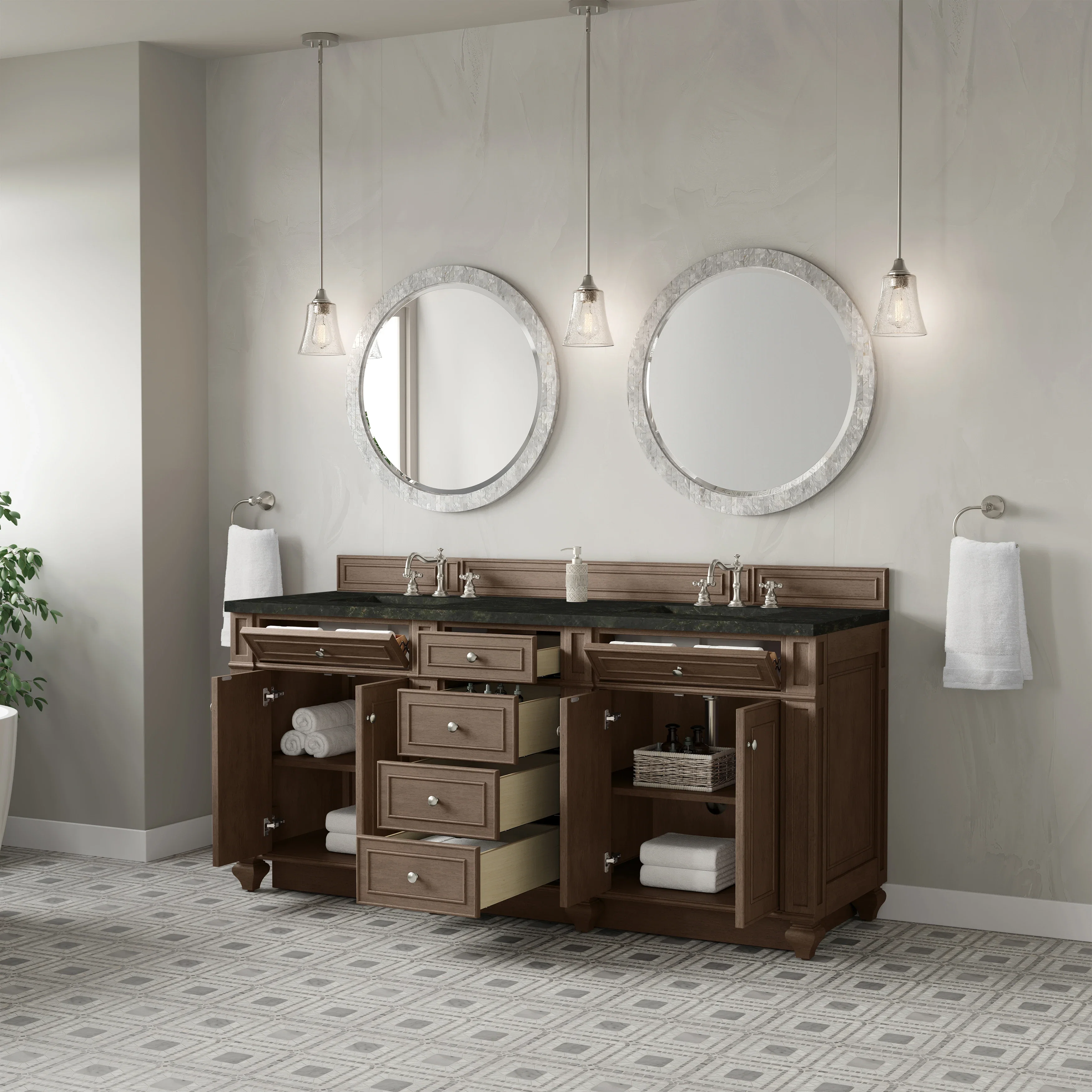 Bristol 72" Double Vanity, Whitewashed Walnut, w/ 3 CM Phantome Eclos Top