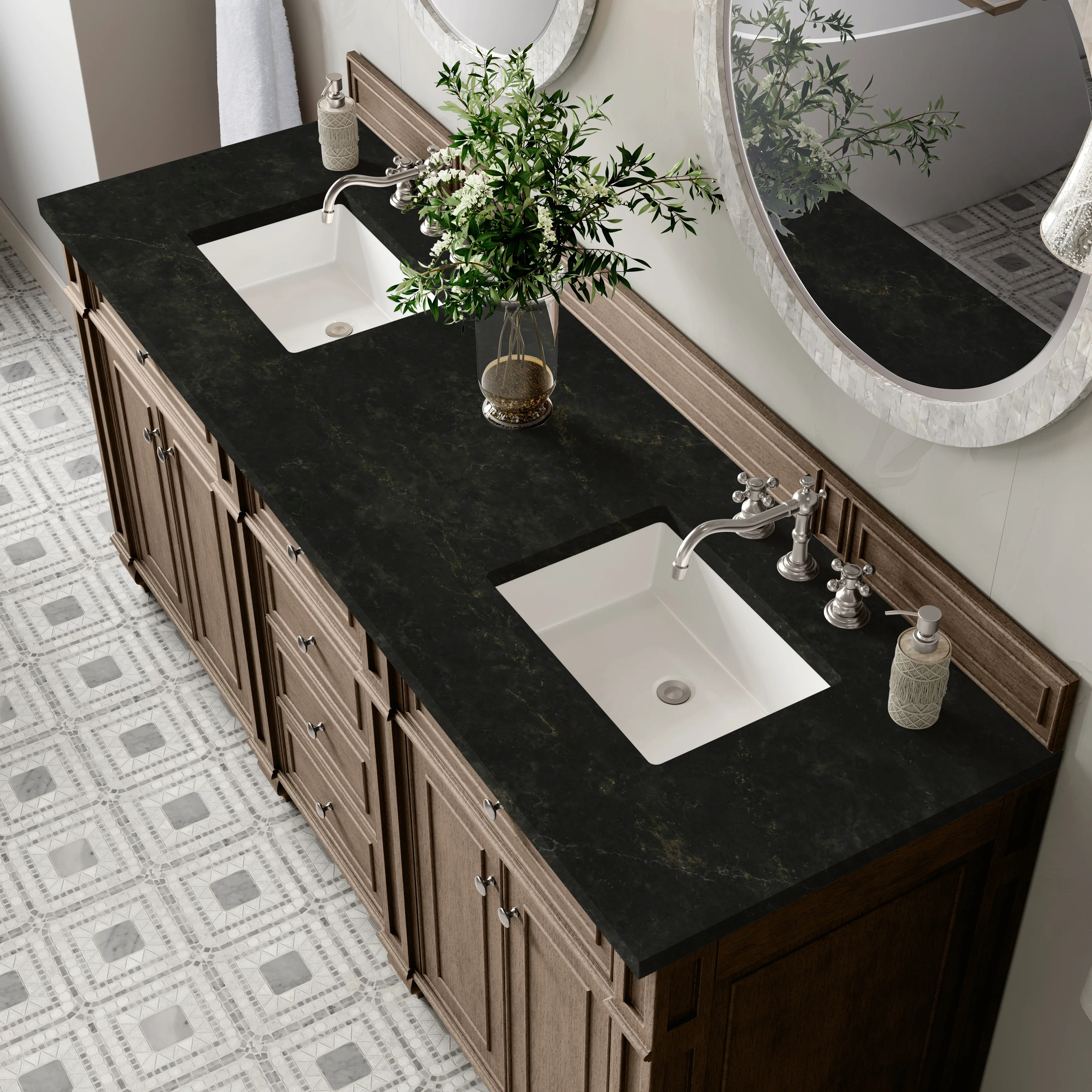 Bristol 72" Double Vanity, Whitewashed Walnut, w/ 3 CM Phantome Eclos Top