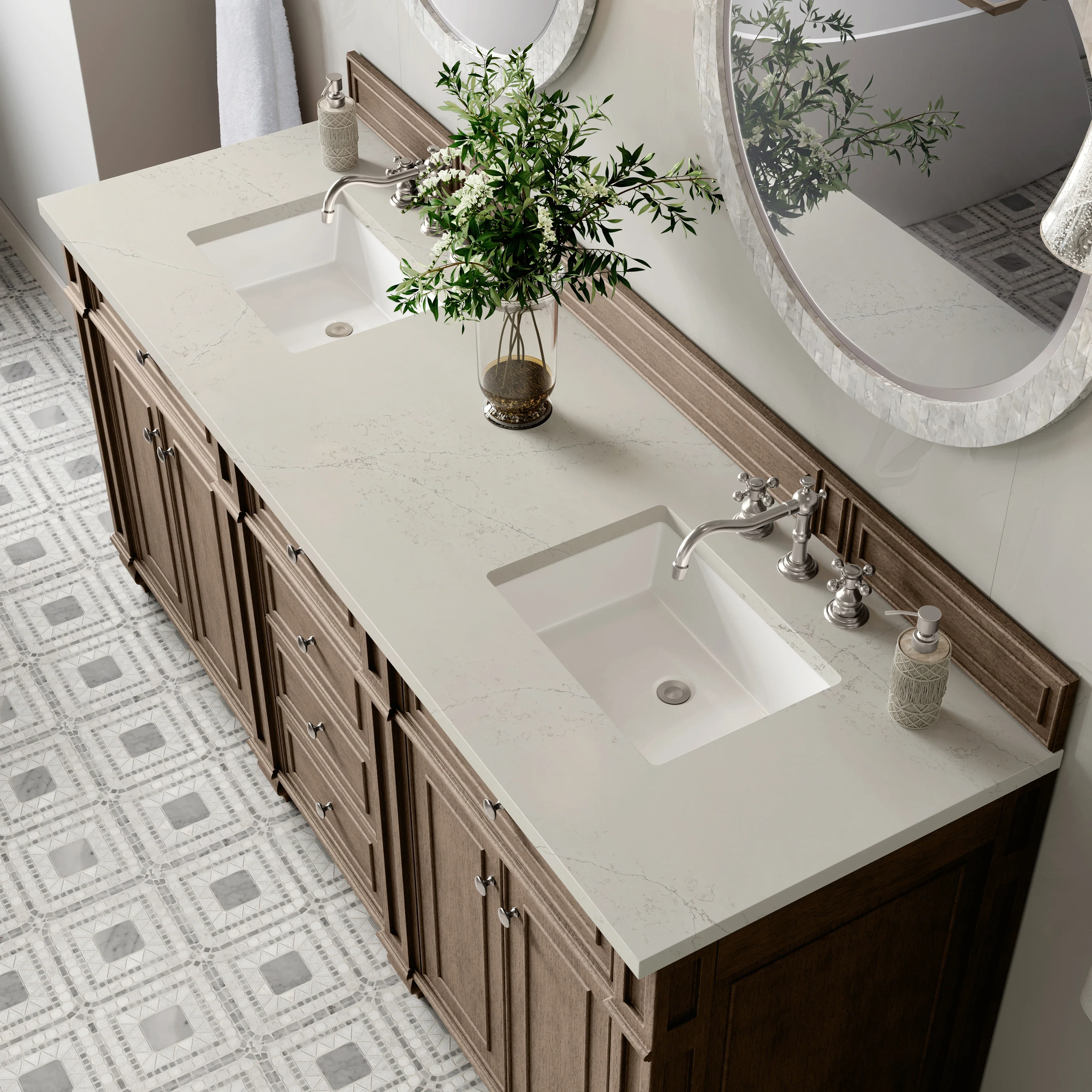 Bristol 72" Double Vanity, Whitewashed Walnut, w/ 3 CM Siberian Silestone Top