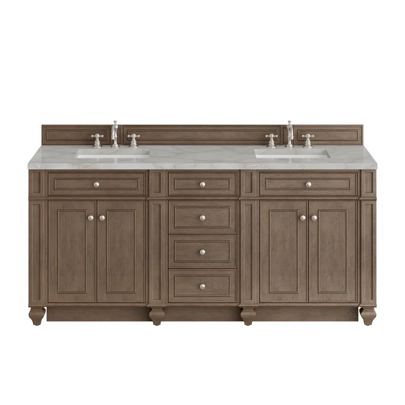 Bristol 72" Double Vanity, Whitewashed Walnut w/ 3 CM Victorian Silver Silestone Top