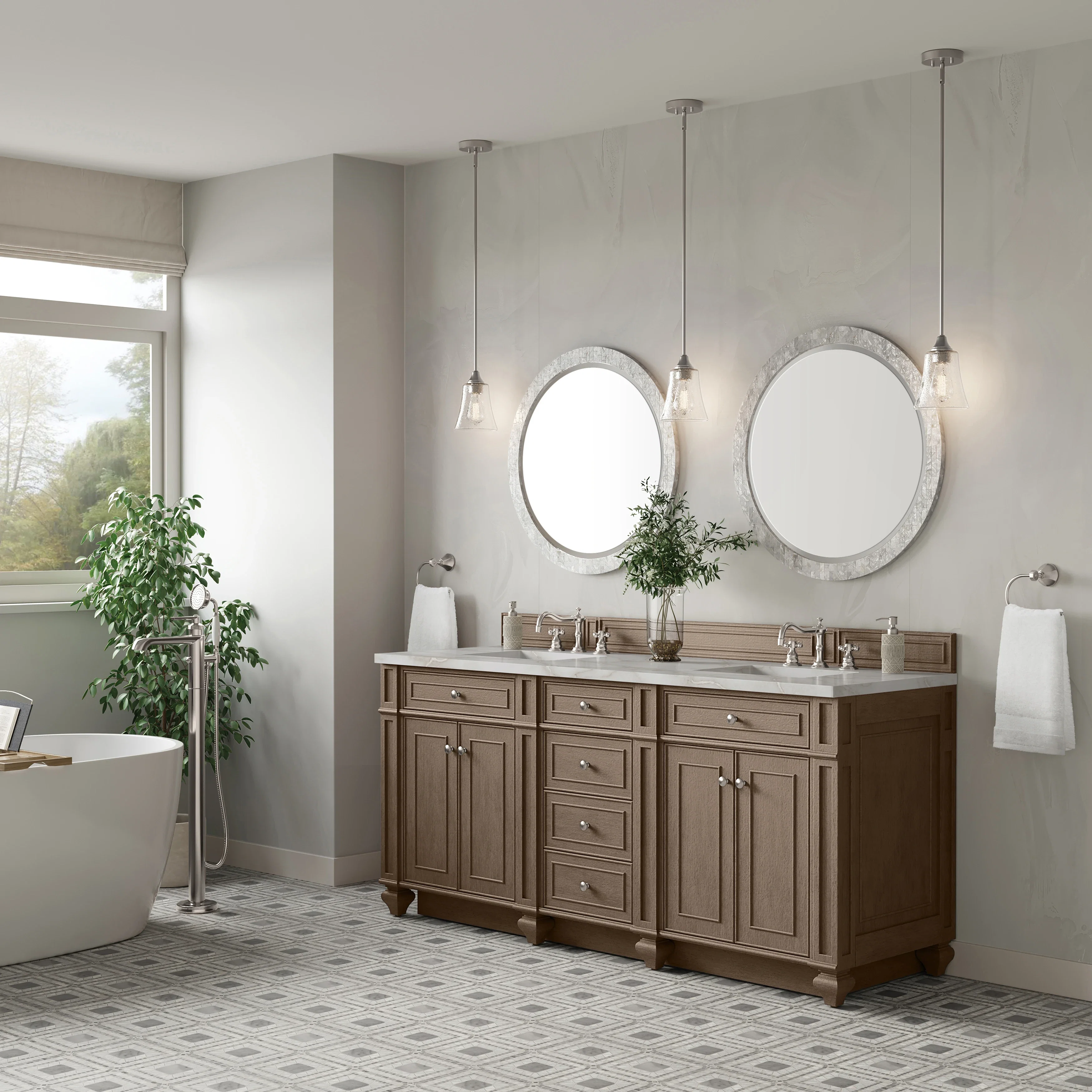 Bristol 72" Double Vanity, Whitewashed Walnut w/ 3 CM Victorian Silver Silestone Top