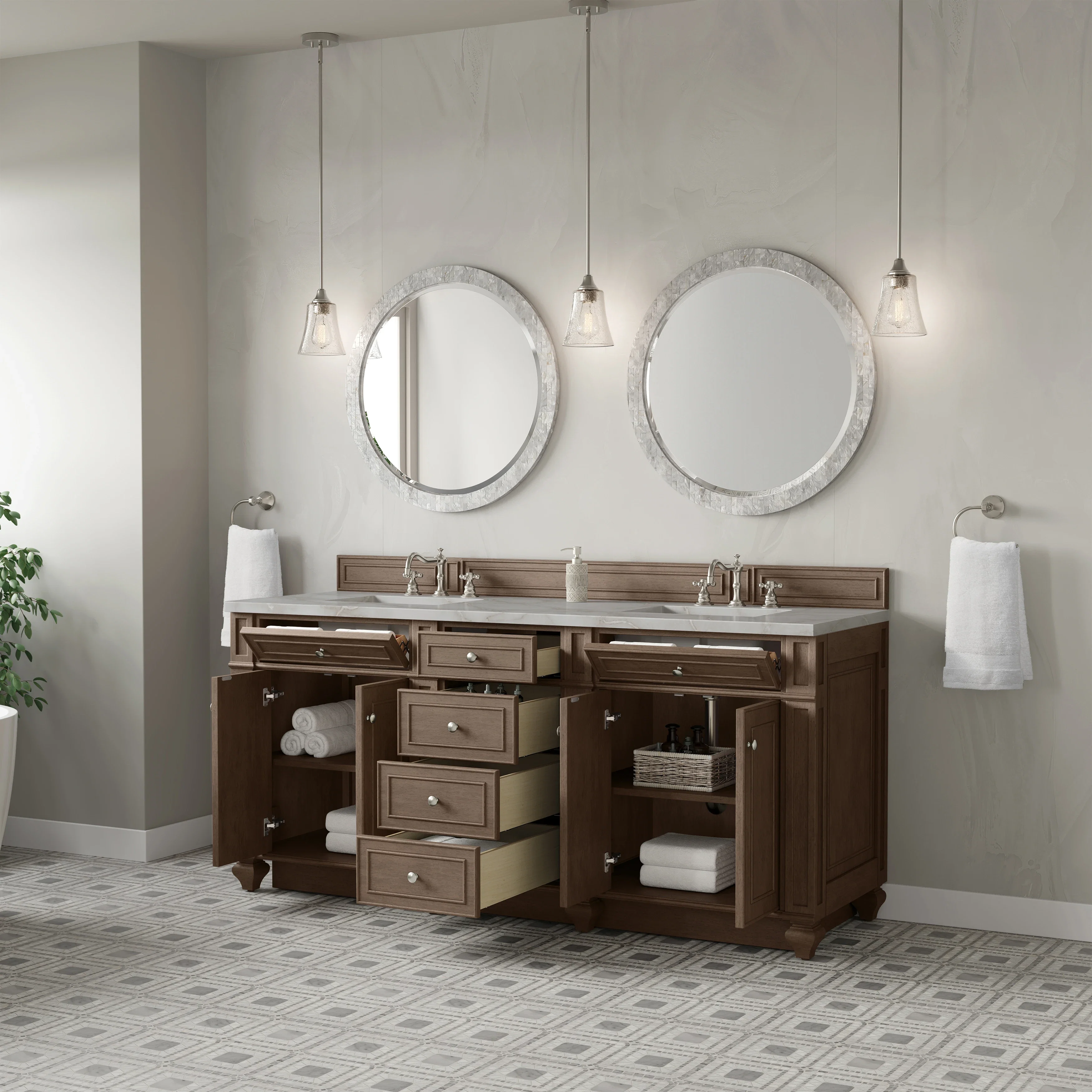 Bristol 72" Double Vanity, Whitewashed Walnut w/ 3 CM Victorian Silver Silestone Top
