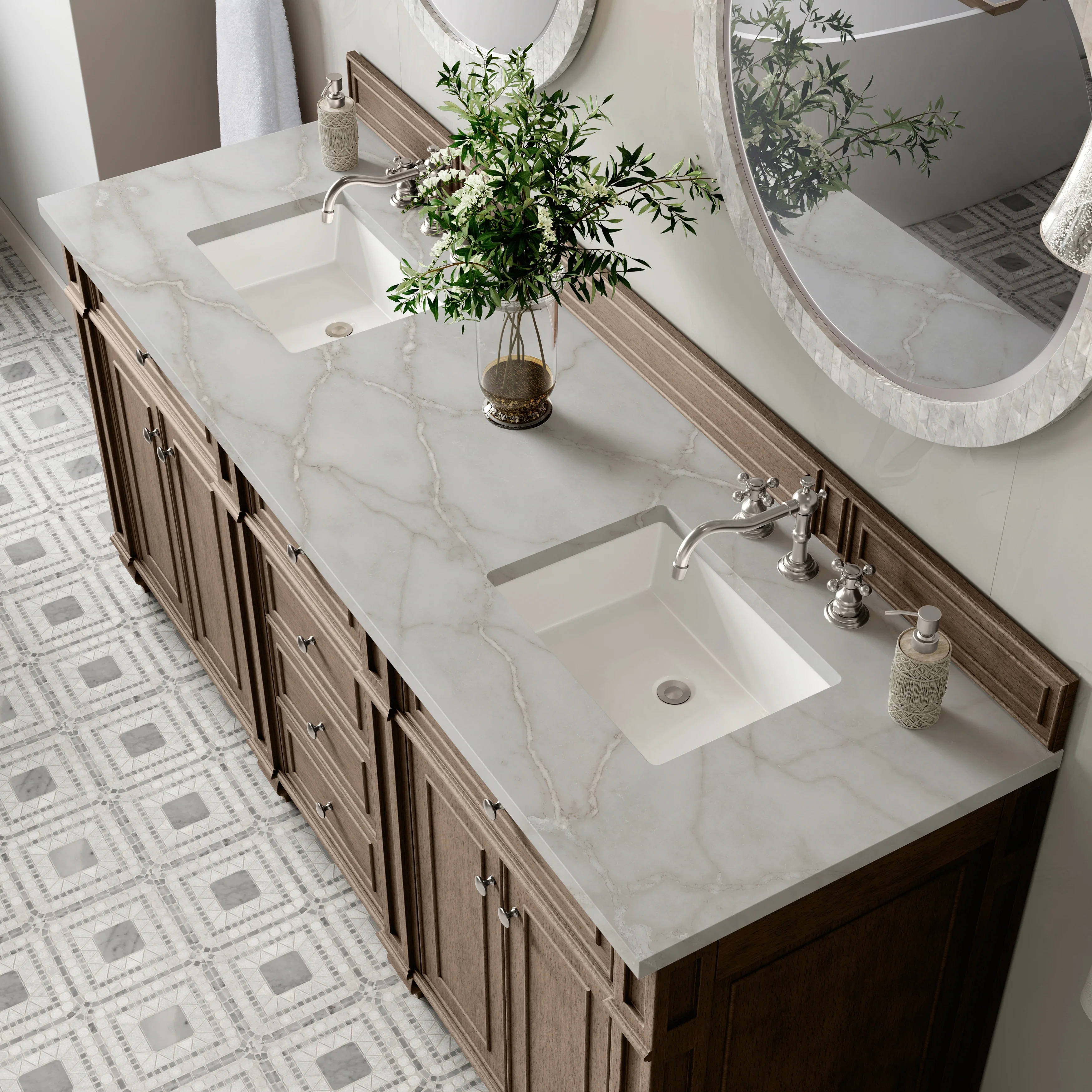 Bristol 72" Double Vanity, Whitewashed Walnut w/ 3 CM Victorian Silver Silestone Top