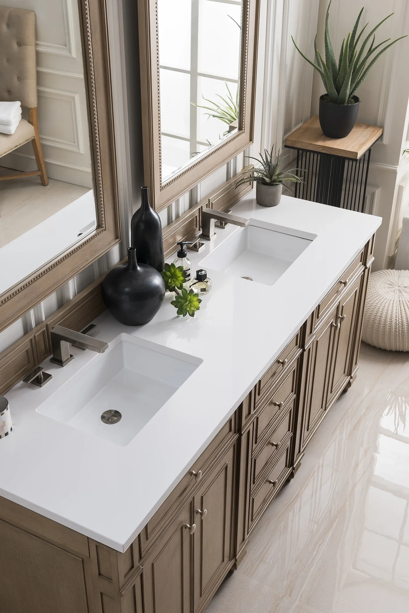 Bristol 72" Double Vanity, Whitewashed Walnut w/ 3 CM White Zeus Silestone Top