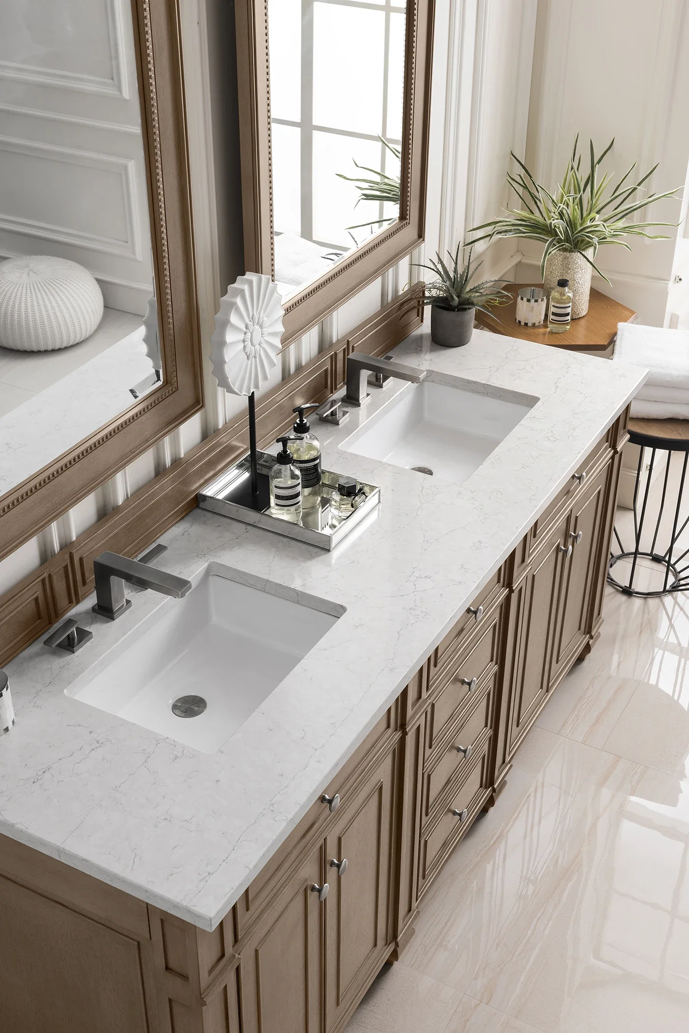 Bristol 72" Double Vanity, Whitewashed Walnut w/ 3 CM Eternal Jasmine Pearl Silestone Top w/FreePower Wireless Charger