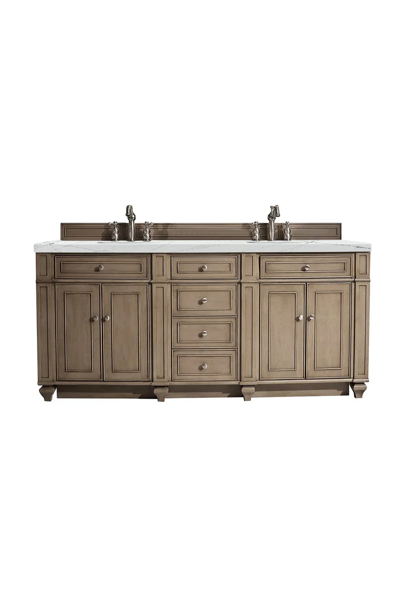 Bristol 72" Double Vanity, Whitewashed Walnut w/ 3 CM Ethereal Noctis Silestone Top w/FreePower Wireless Charger