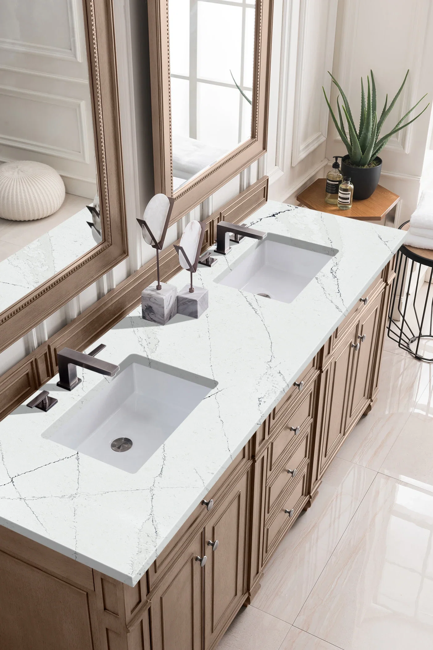 Bristol 72" Double Vanity, Whitewashed Walnut w/ 3 CM Ethereal Noctis Silestone Top w/FreePower Wireless Charger