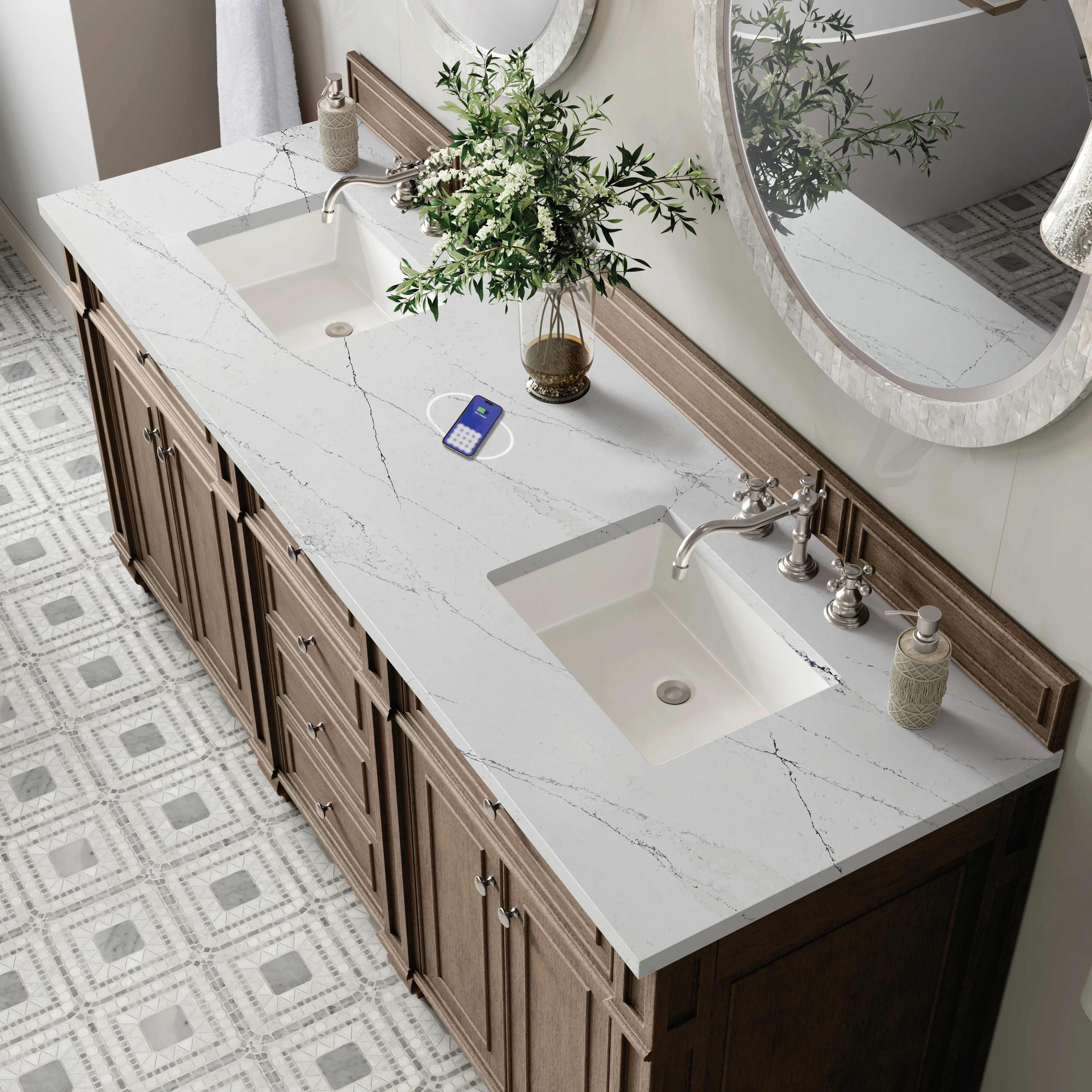 Bristol 72" Double Vanity, Whitewashed Walnut w/ 3 CM Ethereal Noctis Silestone Top w/FreePower Wireless Charger