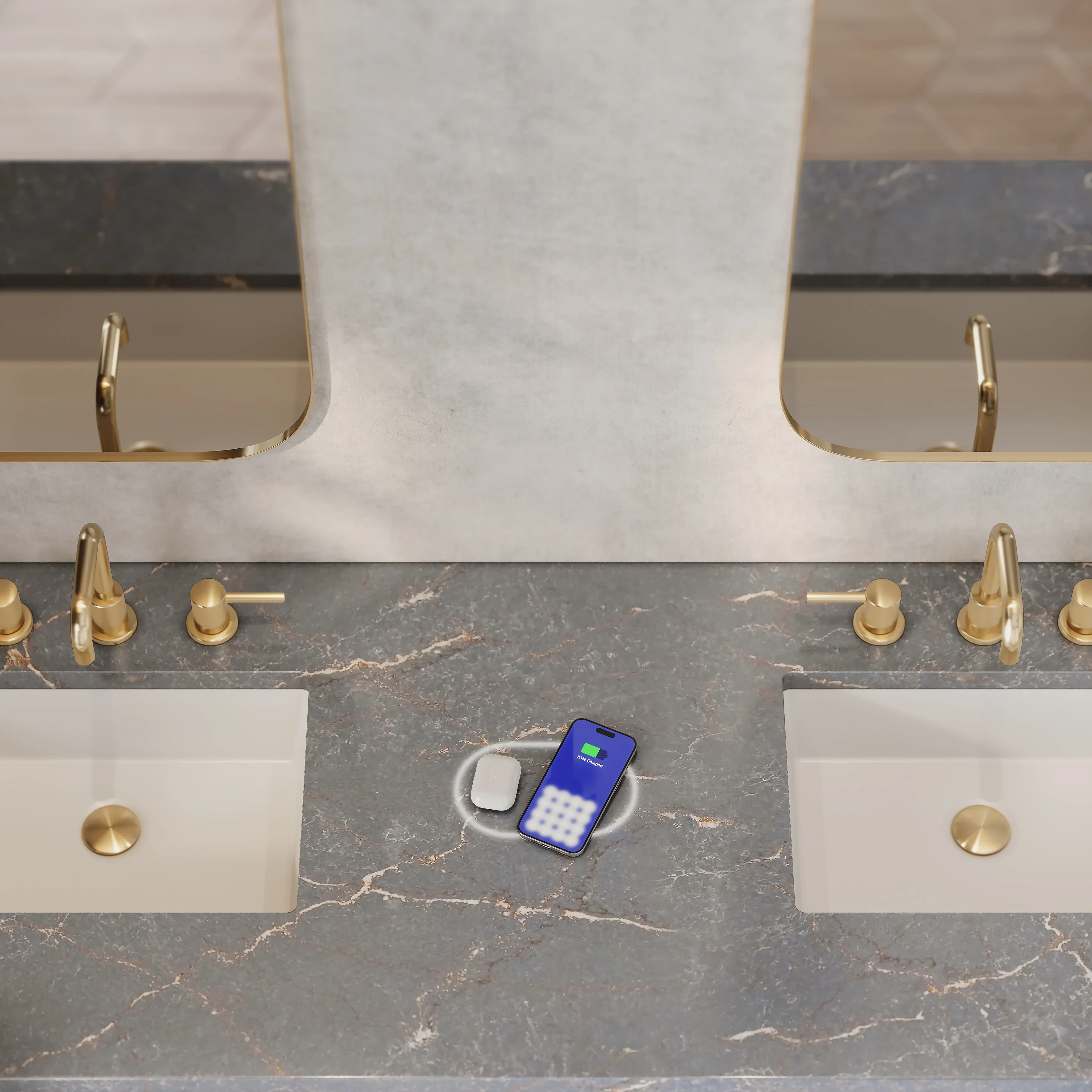 Bristol 72" Double Vanity, Whitewashed Walnut w/ 3 CM Parisien Bleu Silestone Top w/FreePower Wireless Charger