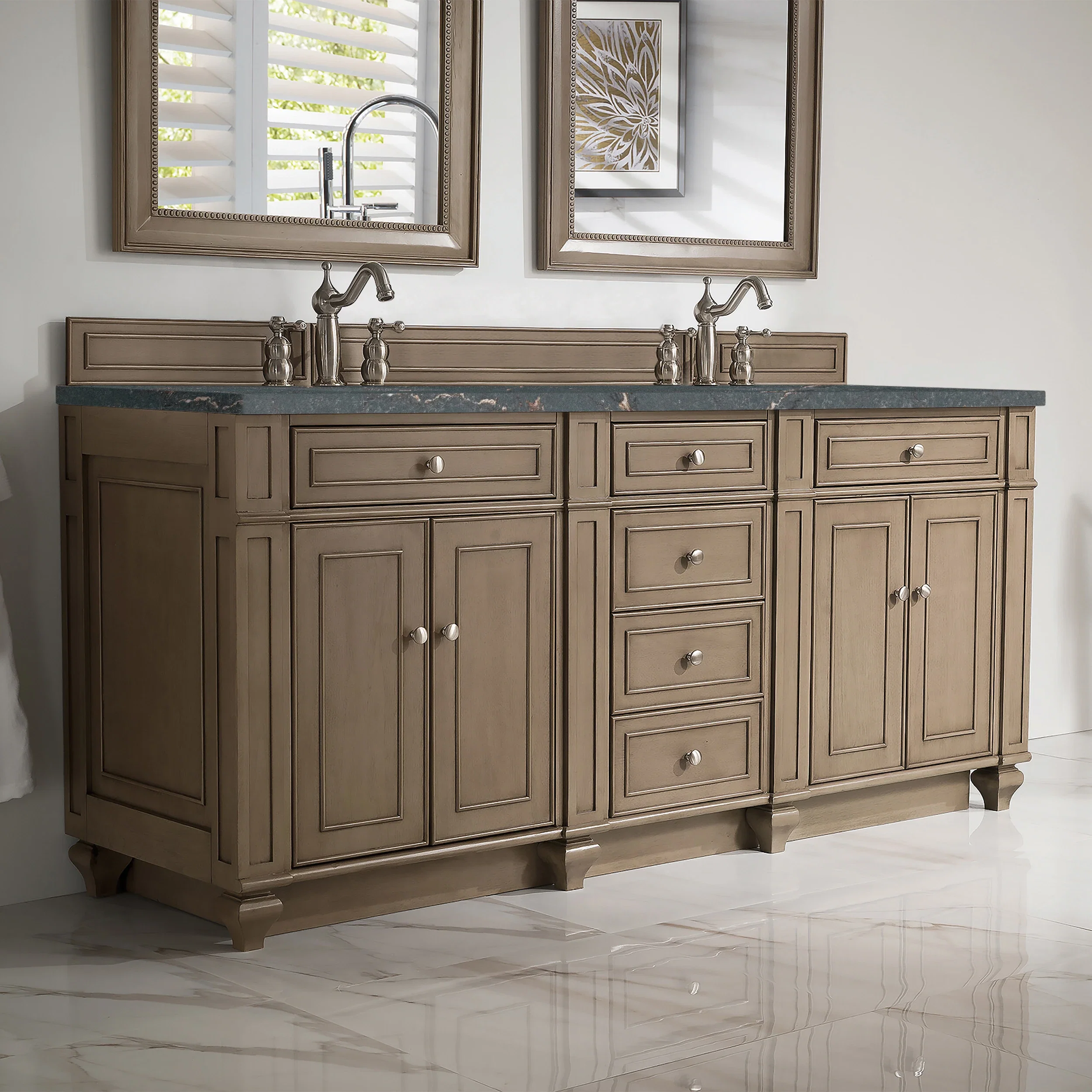 Bristol 72" Double Vanity, Whitewashed Walnut w/ 3 CM Parisien Bleu Silestone Top w/FreePower Wireless Charger
