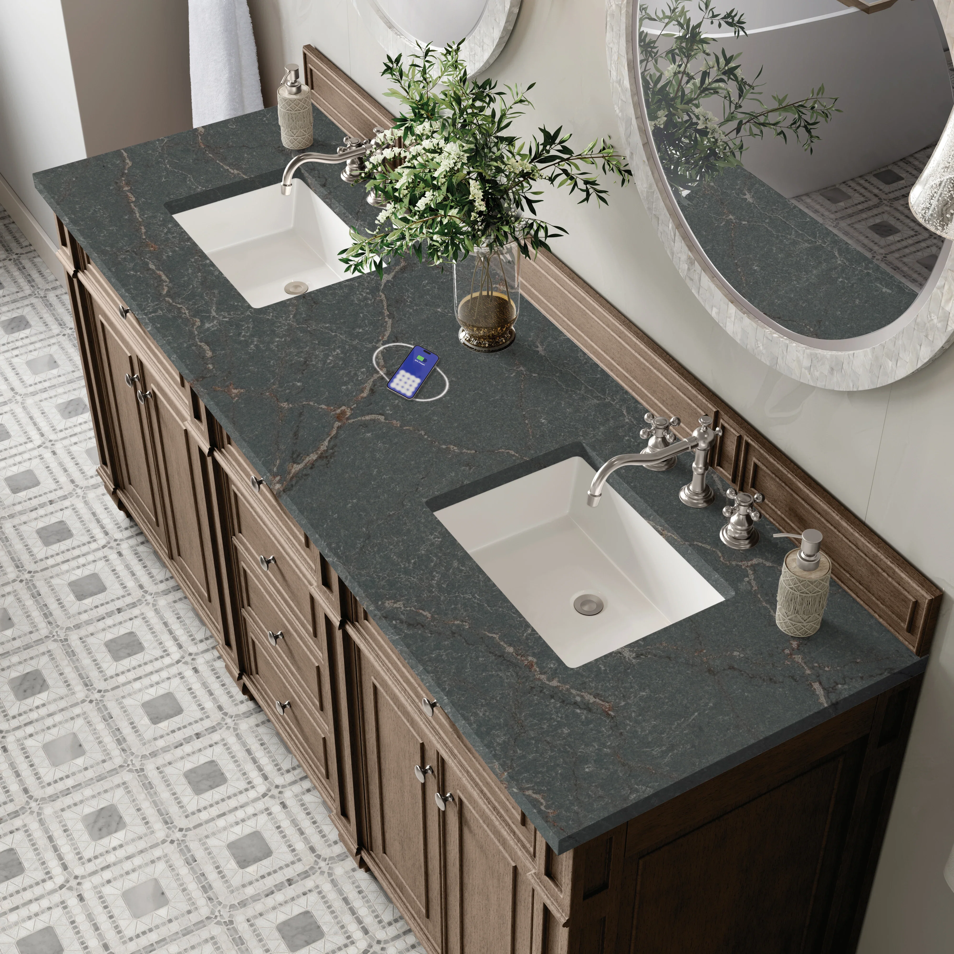 Bristol 72" Double Vanity, Whitewashed Walnut w/ 3 CM Parisien Bleu Silestone Top w/FreePower Wireless Charger
