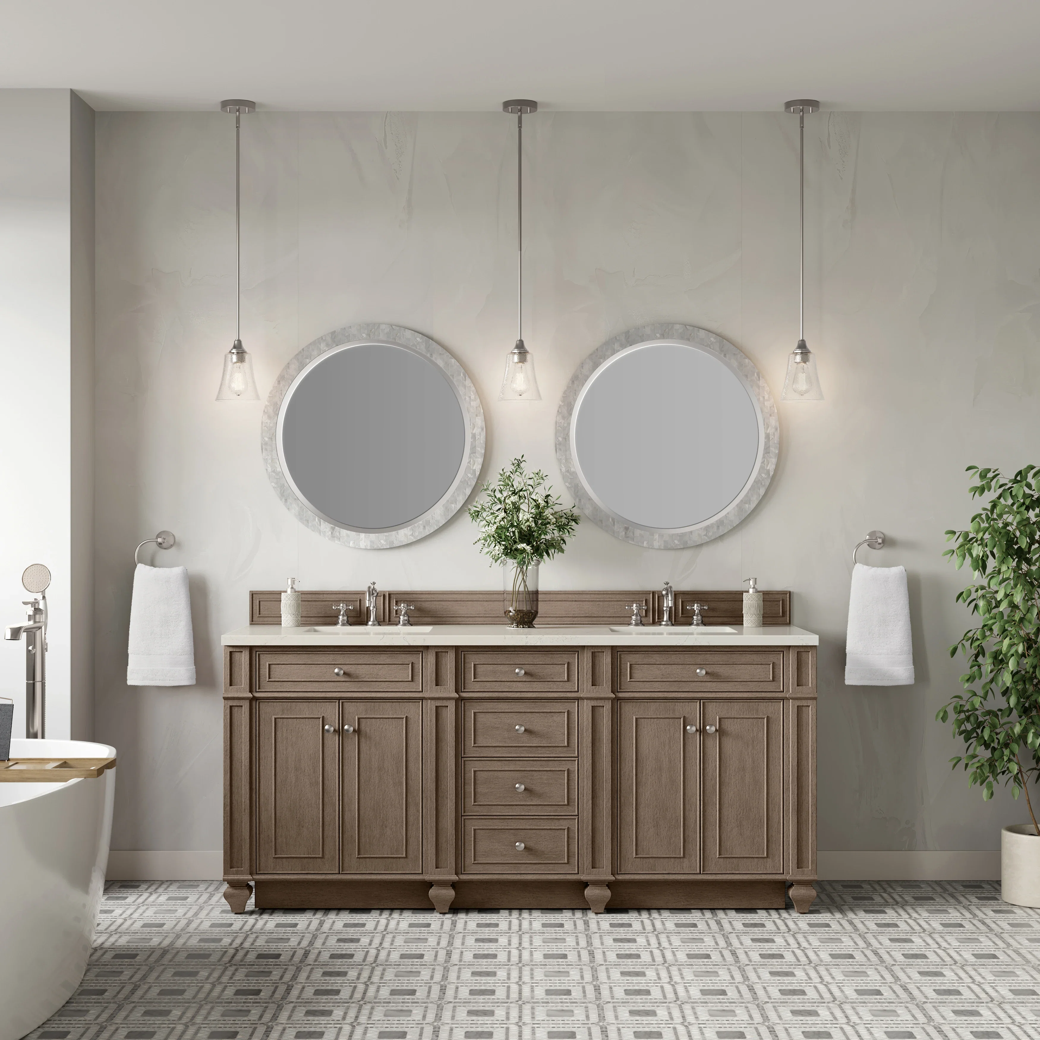 Bristol 72" Double Vanity, Whitewashed Walnut, w/ 3 CM Siberian Silestone Top w/FreePower Wireless Charger