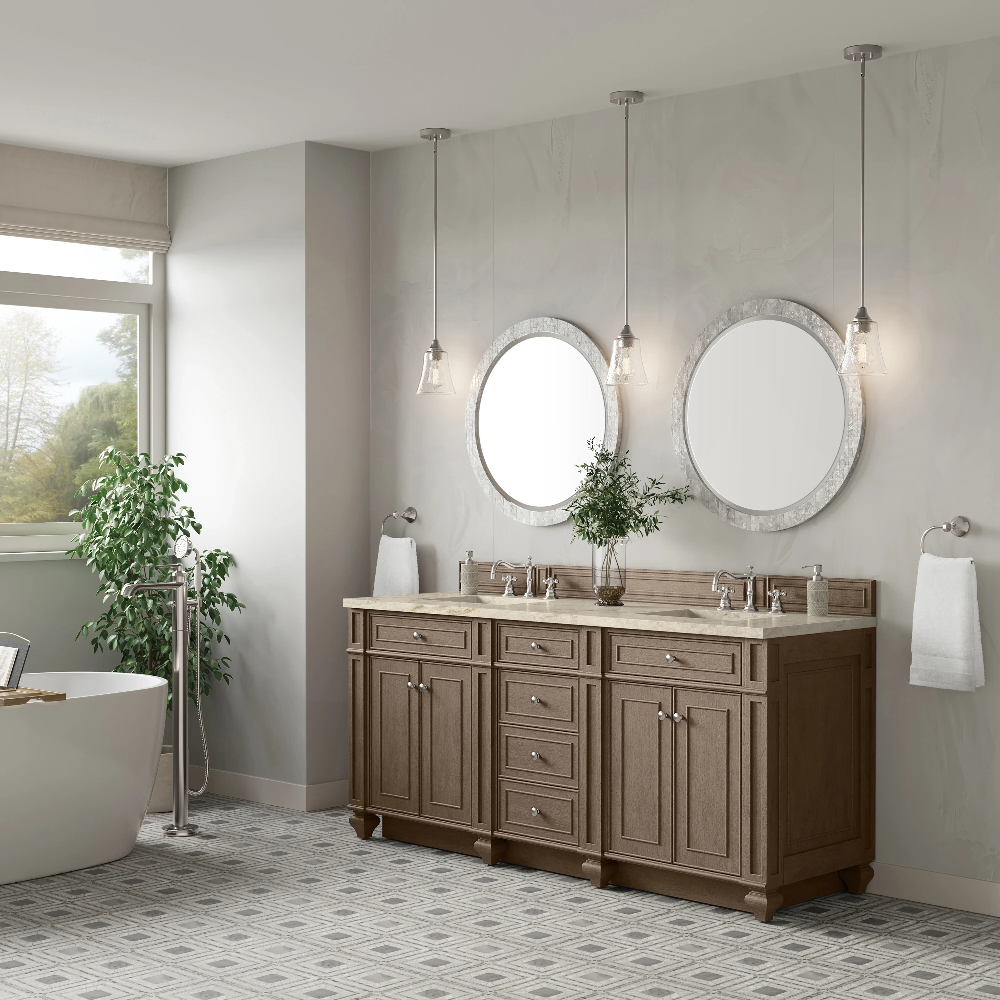 Bristol 72" Double Vanity, Whitewashed Walnut, w/ 3 CM Tajnar Eclos Top w/FreePower Wireless Charger