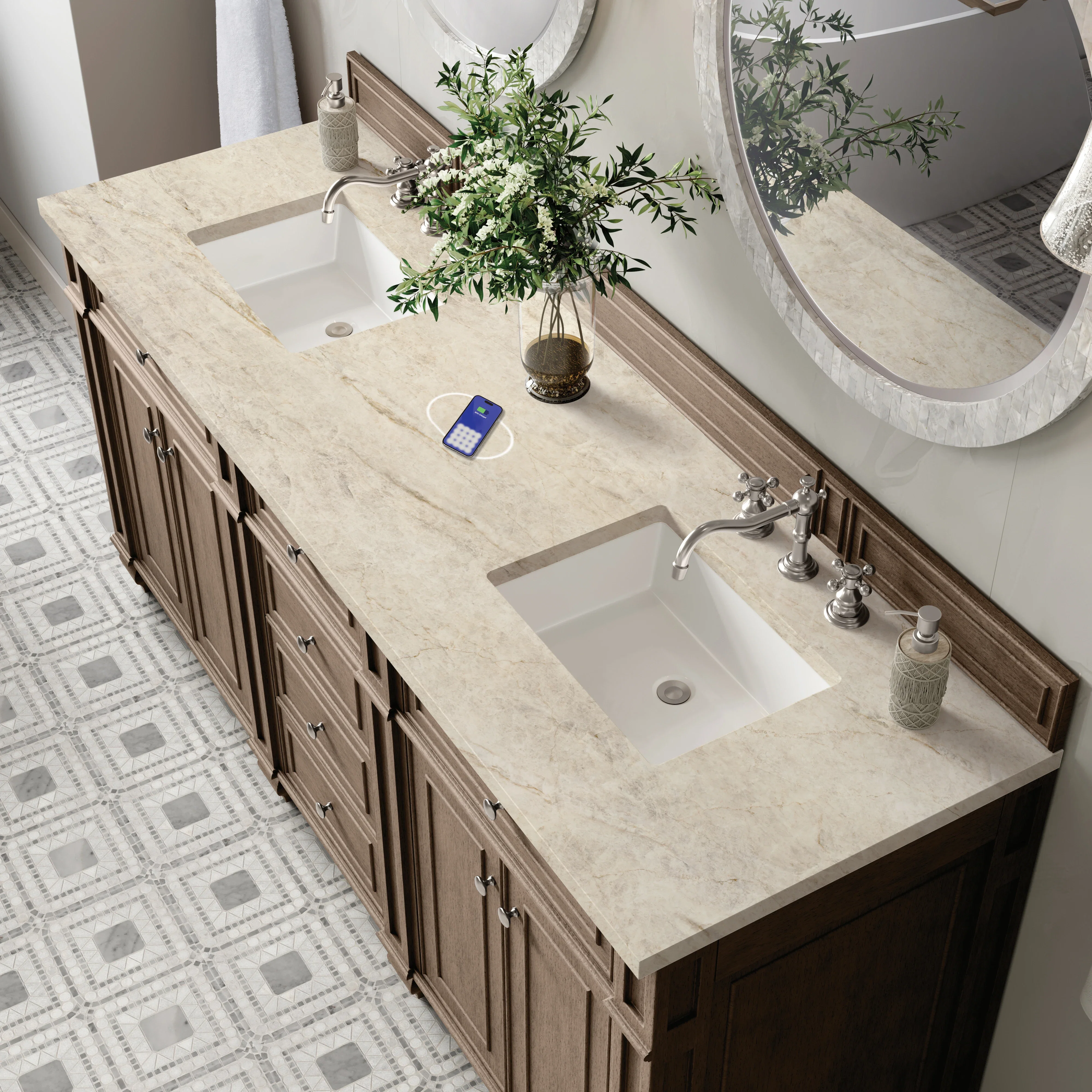Bristol 72" Double Vanity, Whitewashed Walnut, w/ 3 CM Tajnar Eclos Top w/FreePower Wireless Charger