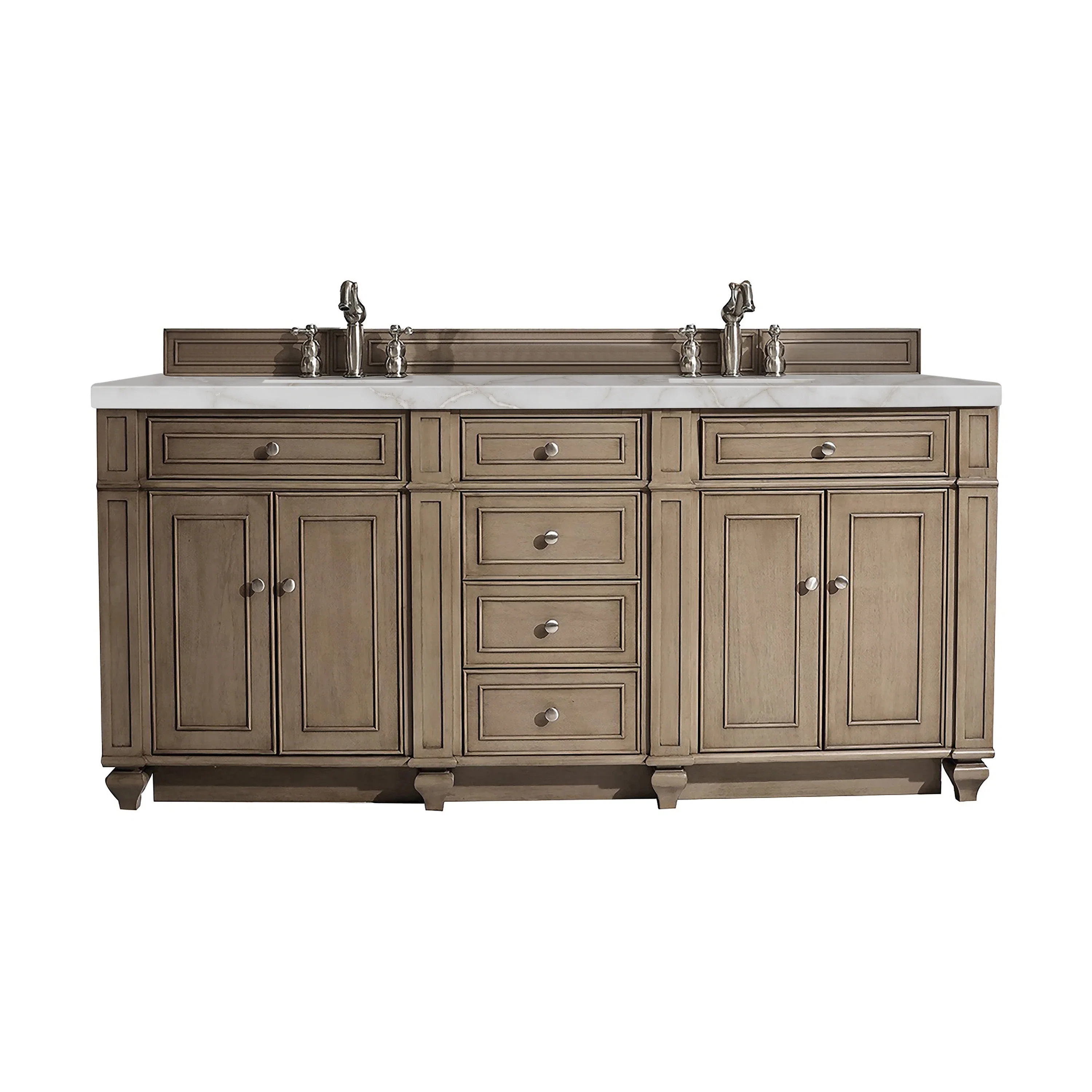 Bristol 72" Double Vanity, Whitewashed Walnut w/ 3 CM Victorian Silver Silestone Top w/FreePower Wireless Charger