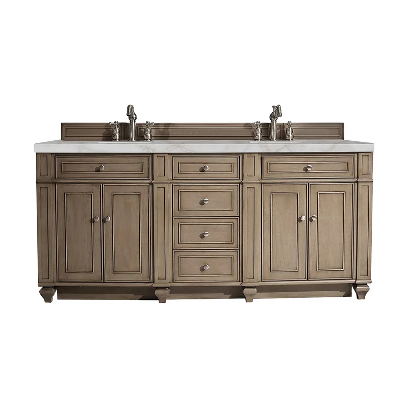 Bristol 72" Double Vanity, Whitewashed Walnut w/ 3 CM Victorian Silver Silestone Top w/FreePower Wireless Charger