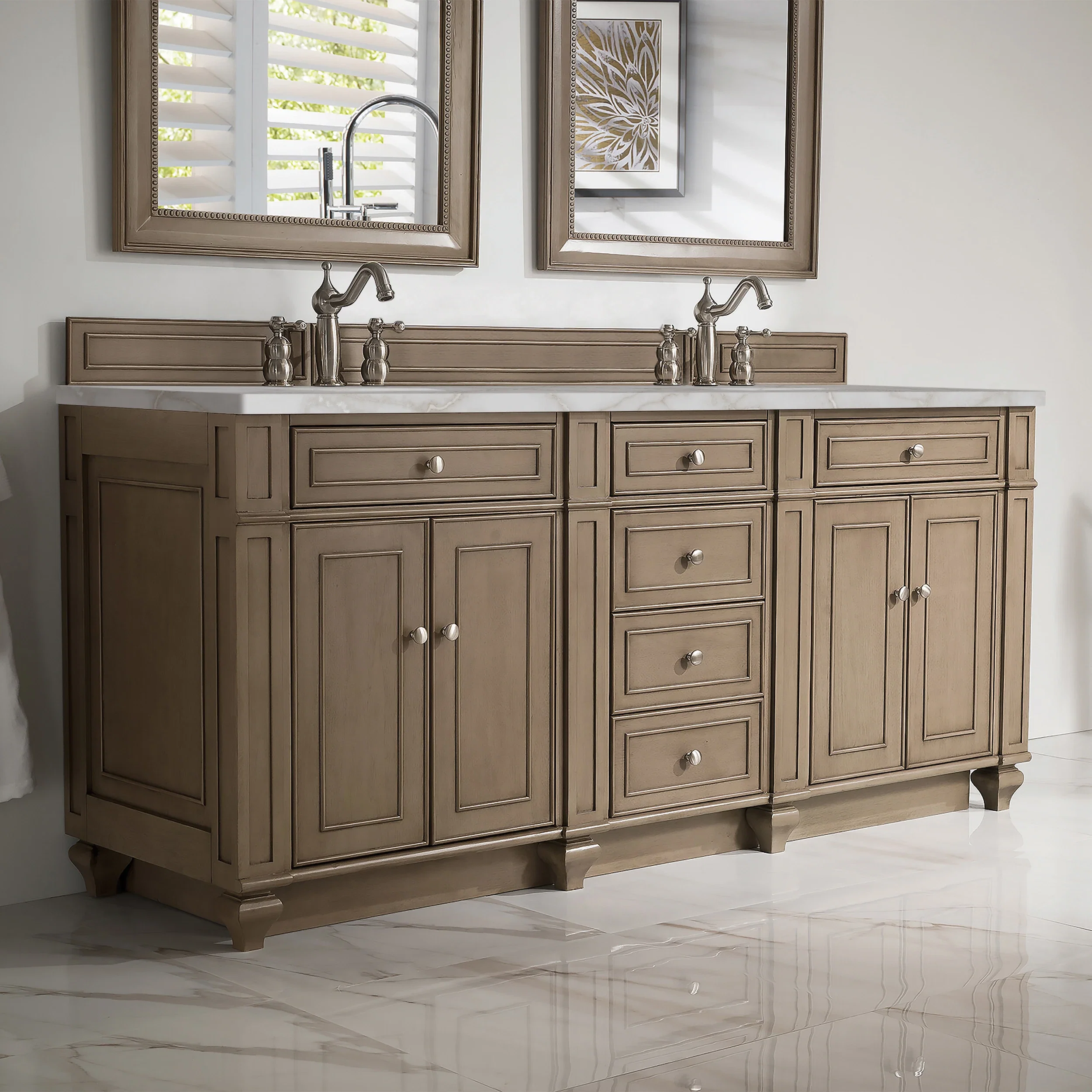 Bristol 72" Double Vanity, Whitewashed Walnut w/ 3 CM Victorian Silver Silestone Top w/FreePower Wireless Charger