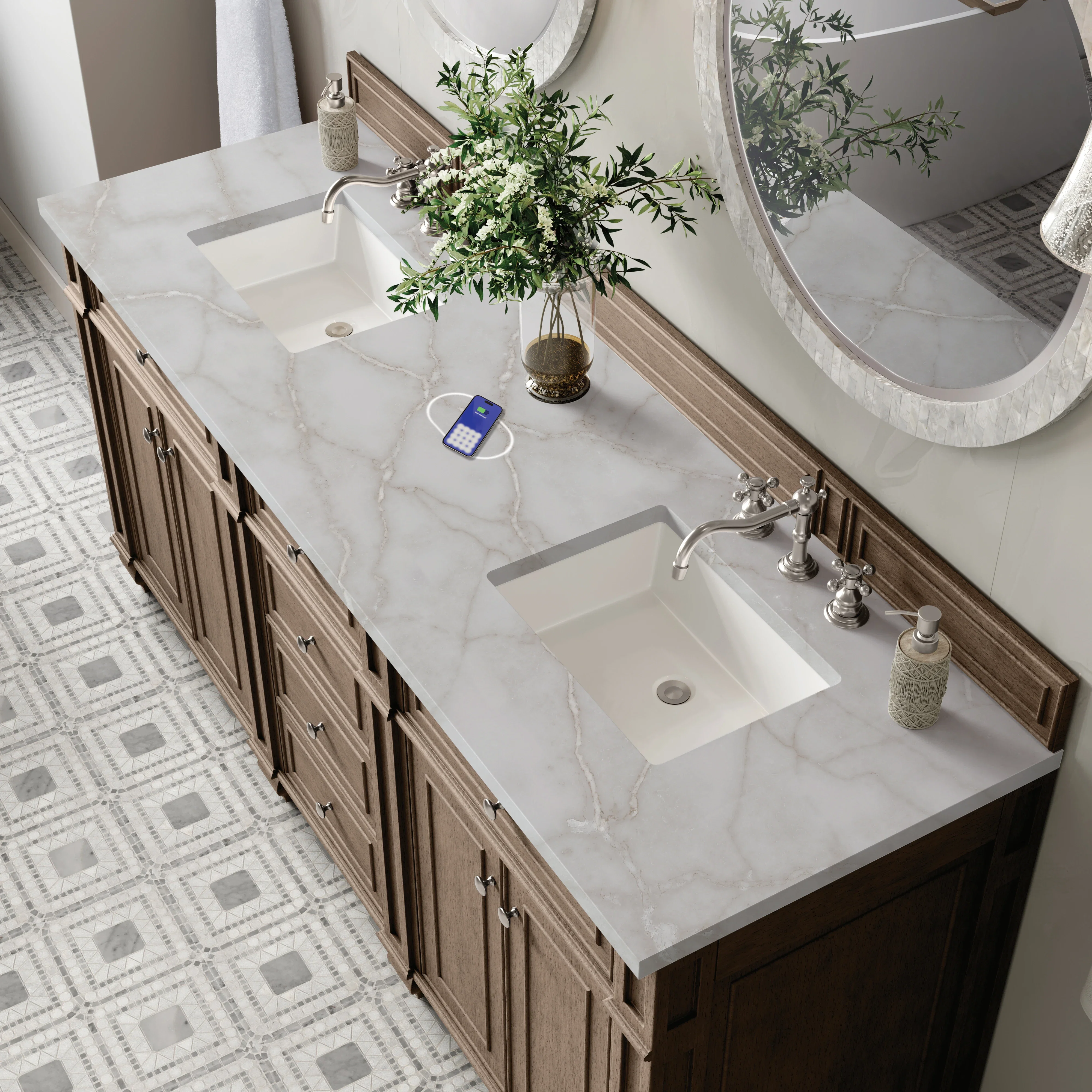 Bristol 72" Double Vanity, Whitewashed Walnut w/ 3 CM Victorian Silver Silestone Top w/FreePower Wireless Charger
