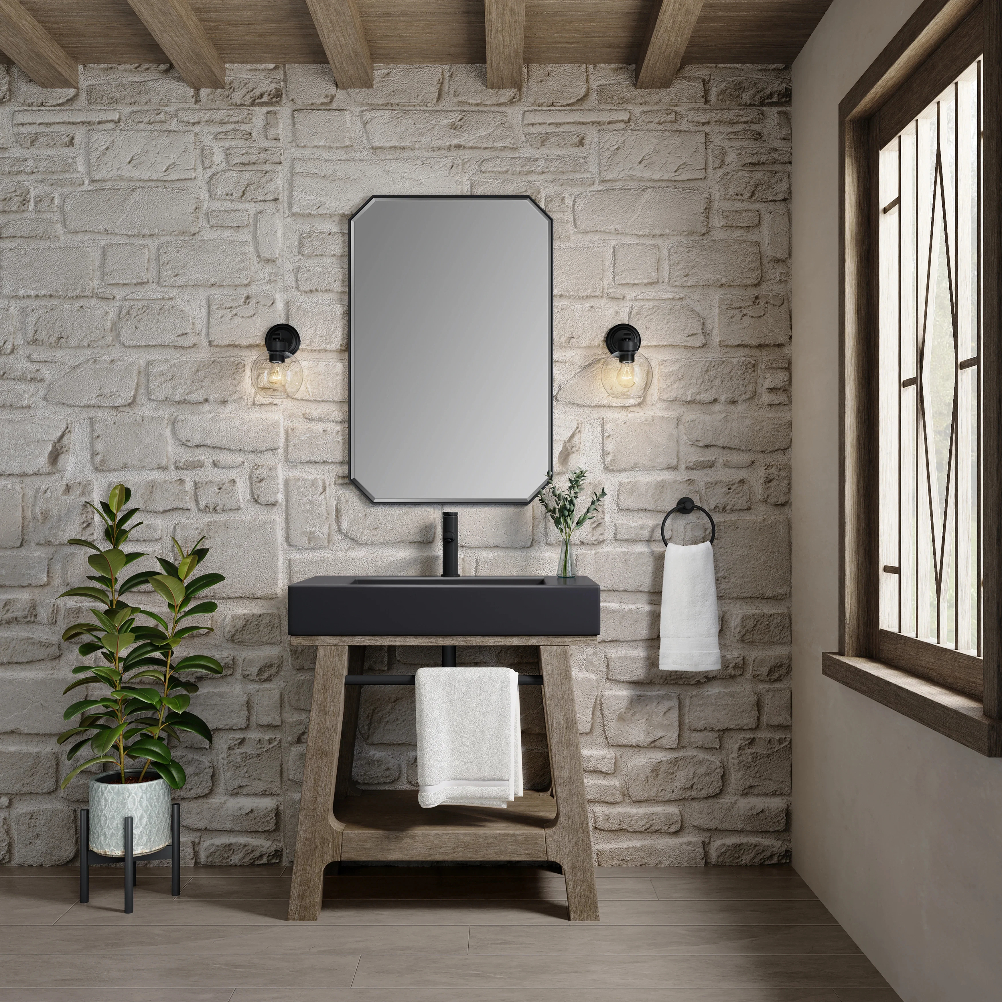 Auburn 31.5" Single Sink Console, Weathered Timber w/ Black Matte Mineral Composite Stone Top