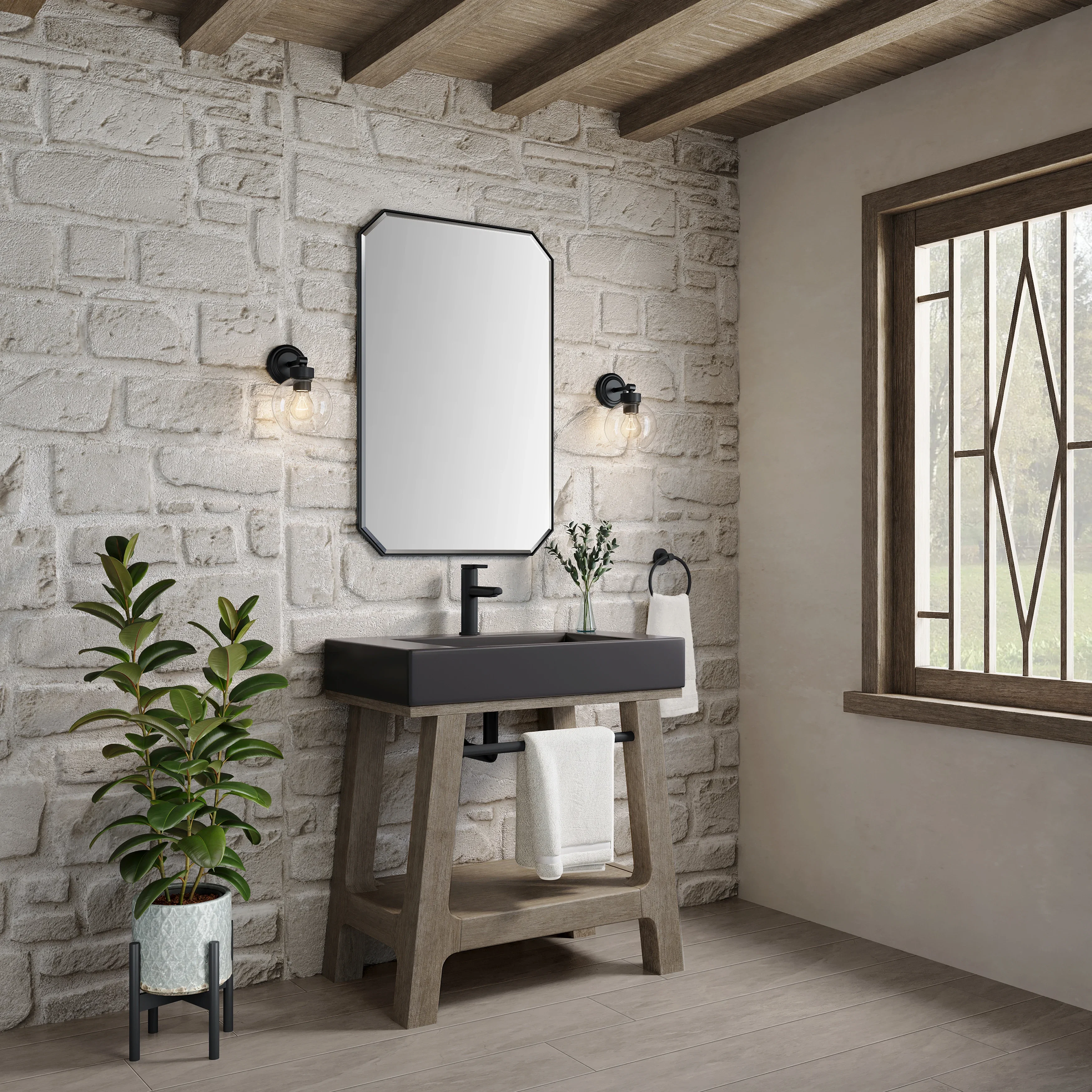 Auburn 31.5" Single Sink Console, Weathered Timber w/ Black Matte Mineral Composite Stone Top