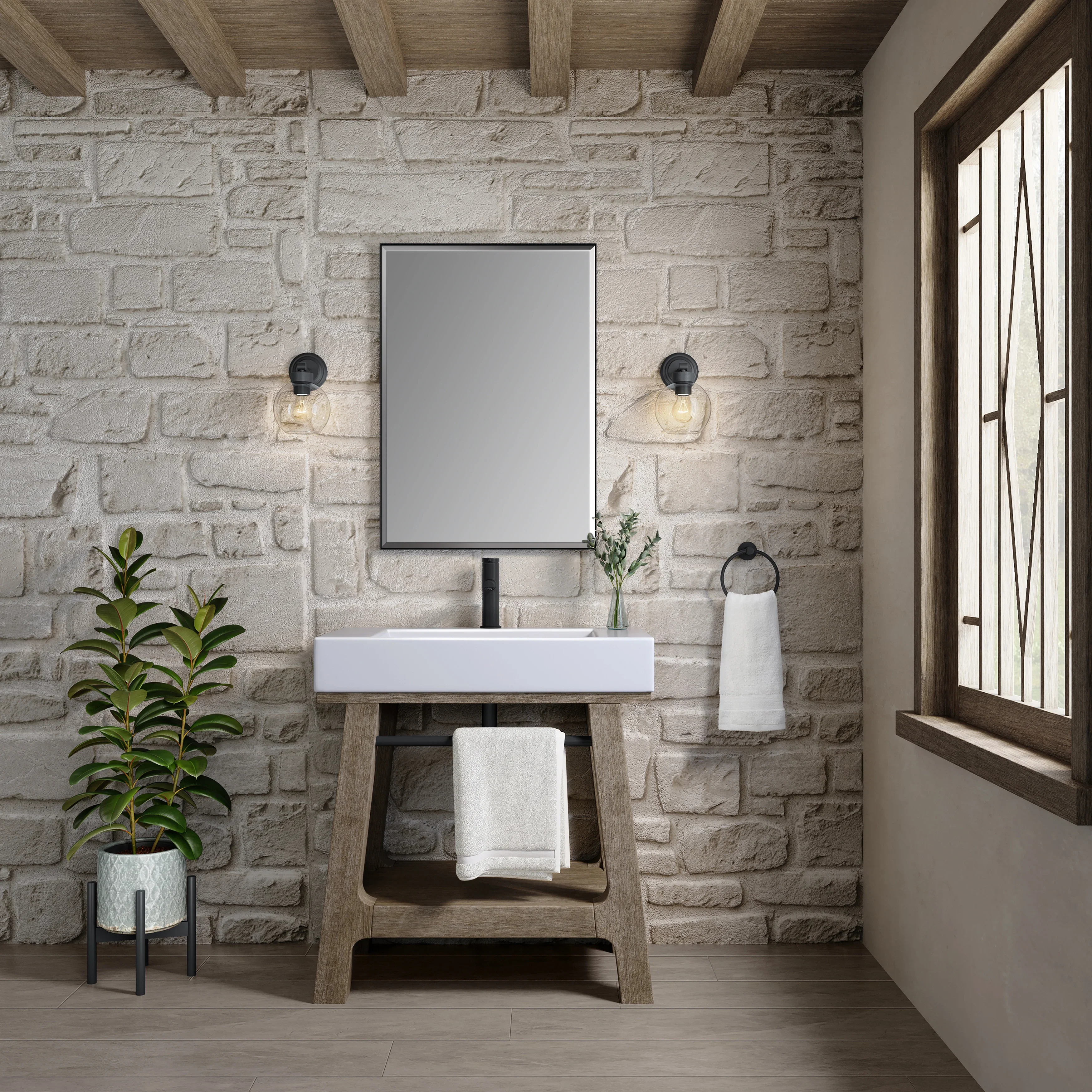 Auburn 31.5" Single Sink Console, Weathered Timber w/ Glossy White Mineral Composite Stone Top