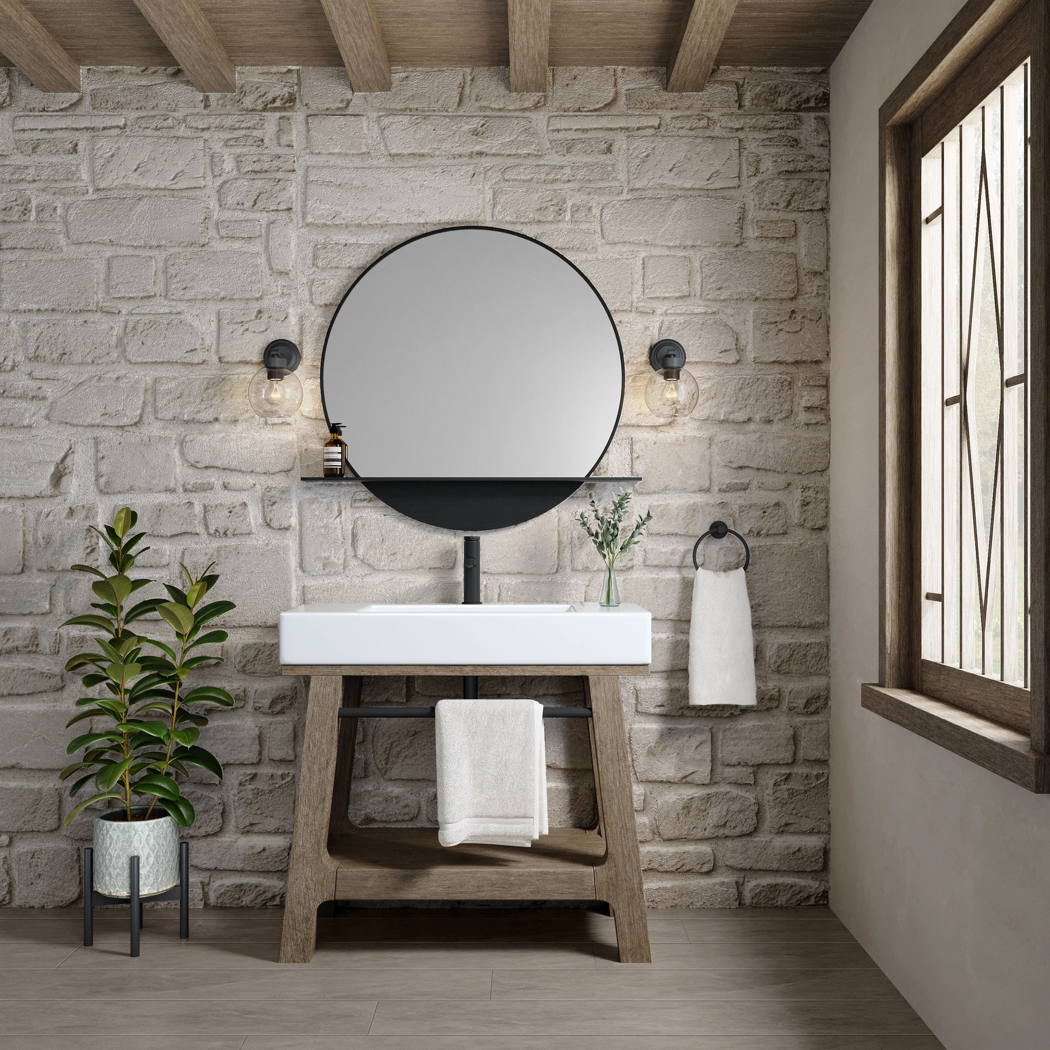 Auburn 36" Single Sink Console, Weathered Timber w/ Glossy White Mineral Composite Stone Top