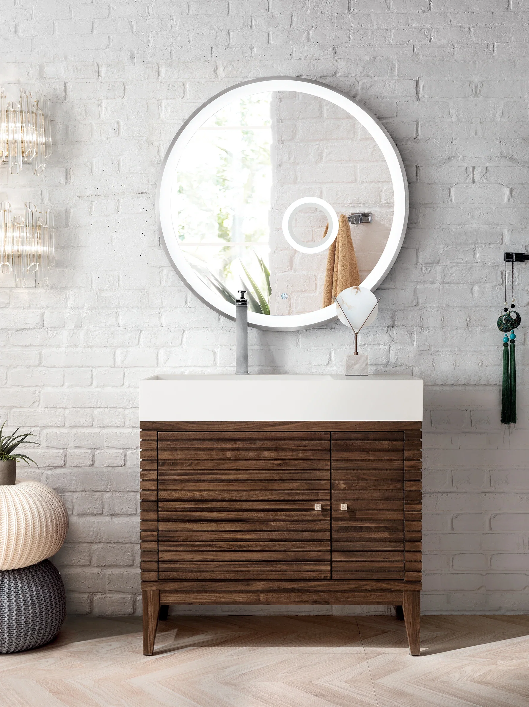Linear 36" Single Vanity, Mid-Century Walnut w/ Glossy White Composite Stone Top