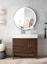 Linear 36" Single Vanity, Mid-Century Walnut w/ Glossy White Composite Stone Top