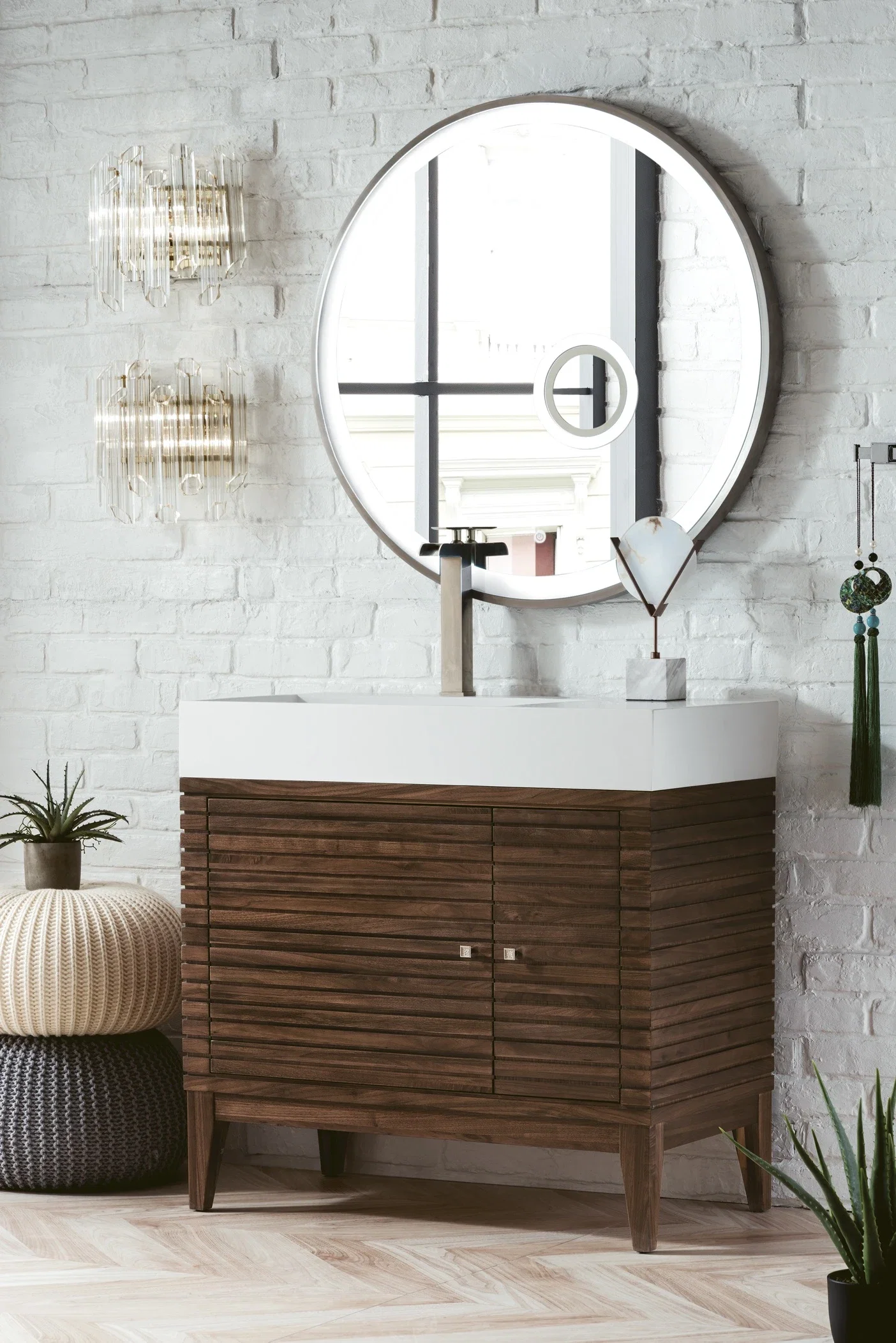 Linear 36" Single Vanity, Mid-Century Walnut w/ Glossy White Composite Stone Top