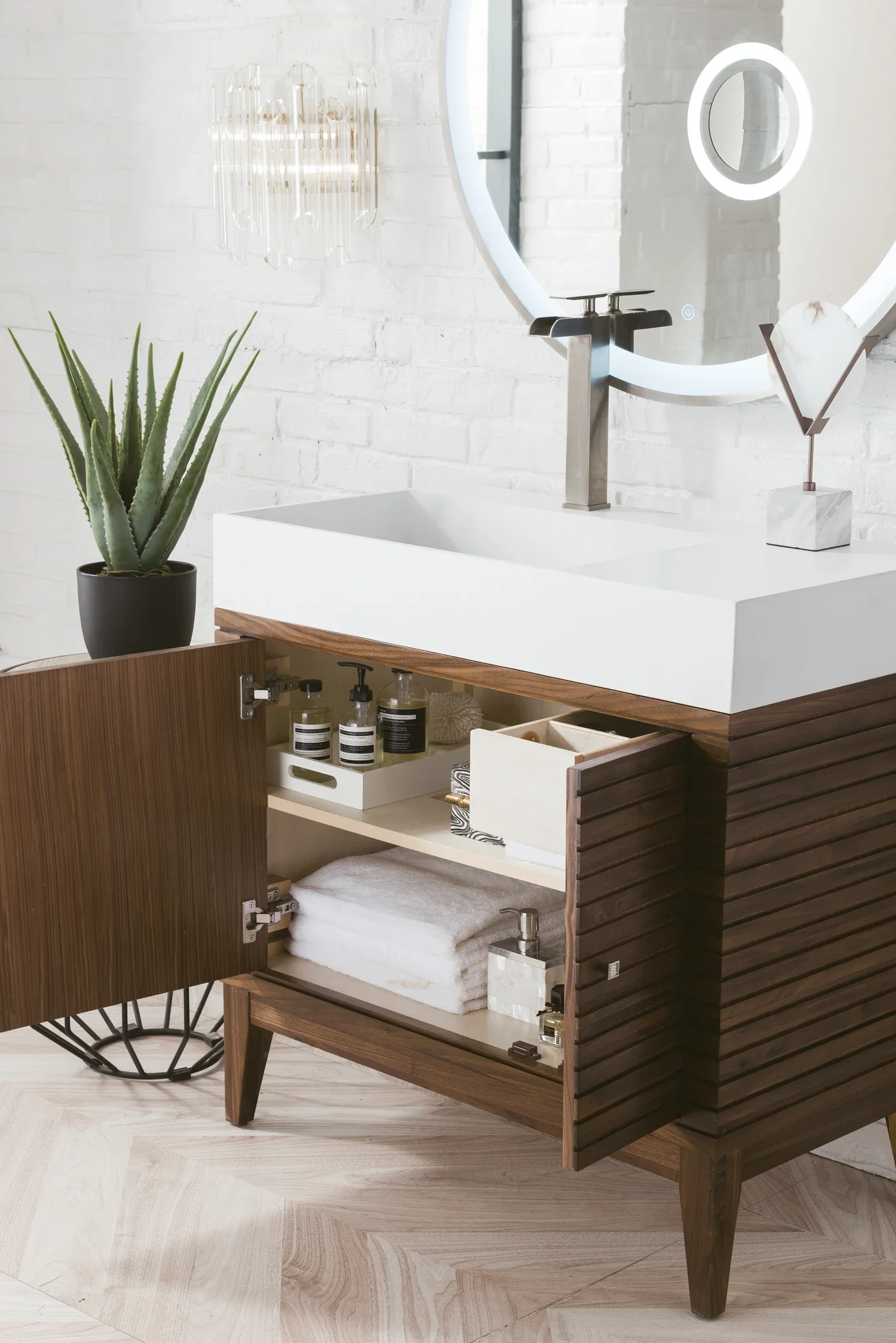 Linear 36" Single Vanity, Mid-Century Walnut w/ Glossy White Composite Stone Top