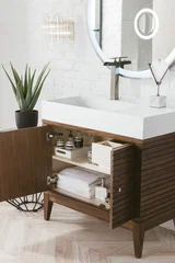 Linear 36" Single Vanity, Mid-Century Walnut w/ Glossy White Composite Stone Top