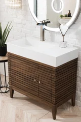 Linear 36" Single Vanity, Mid-Century Walnut w/ Glossy White Composite Stone Top