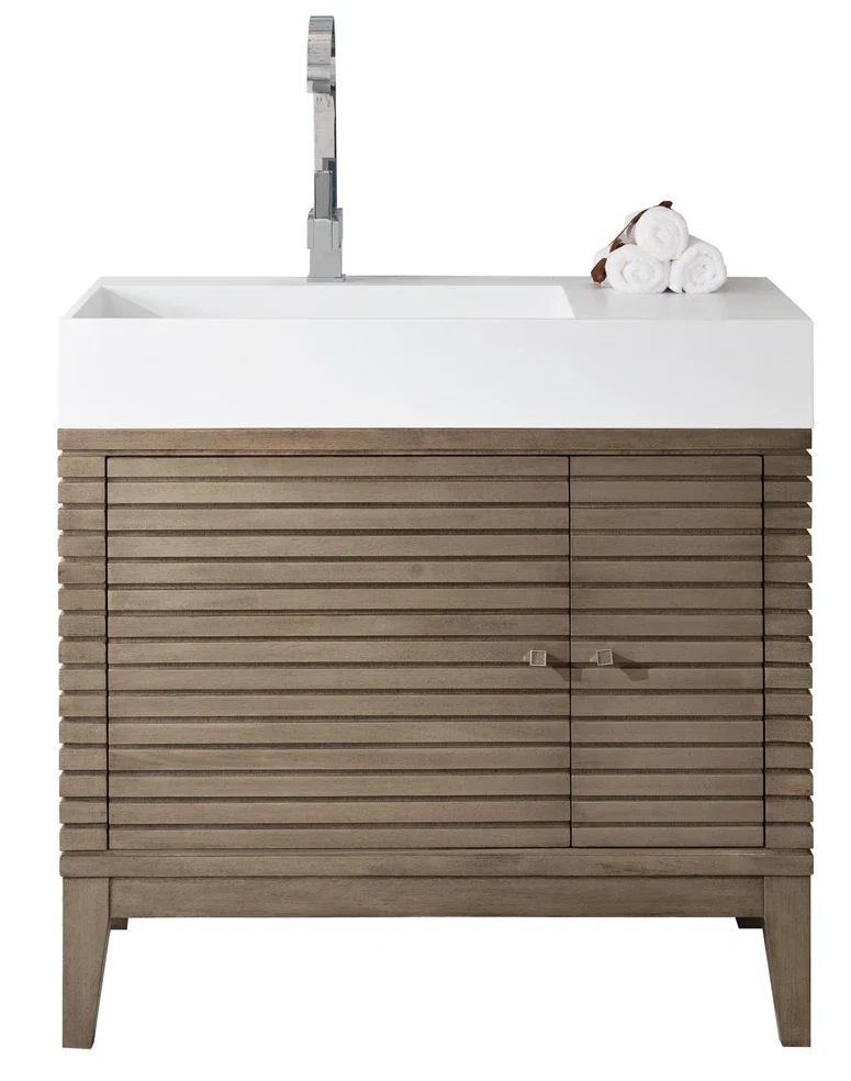 Linear 36" Single Vanity, Whitewashed Walnut w/ Glossy White Composite Stone Top