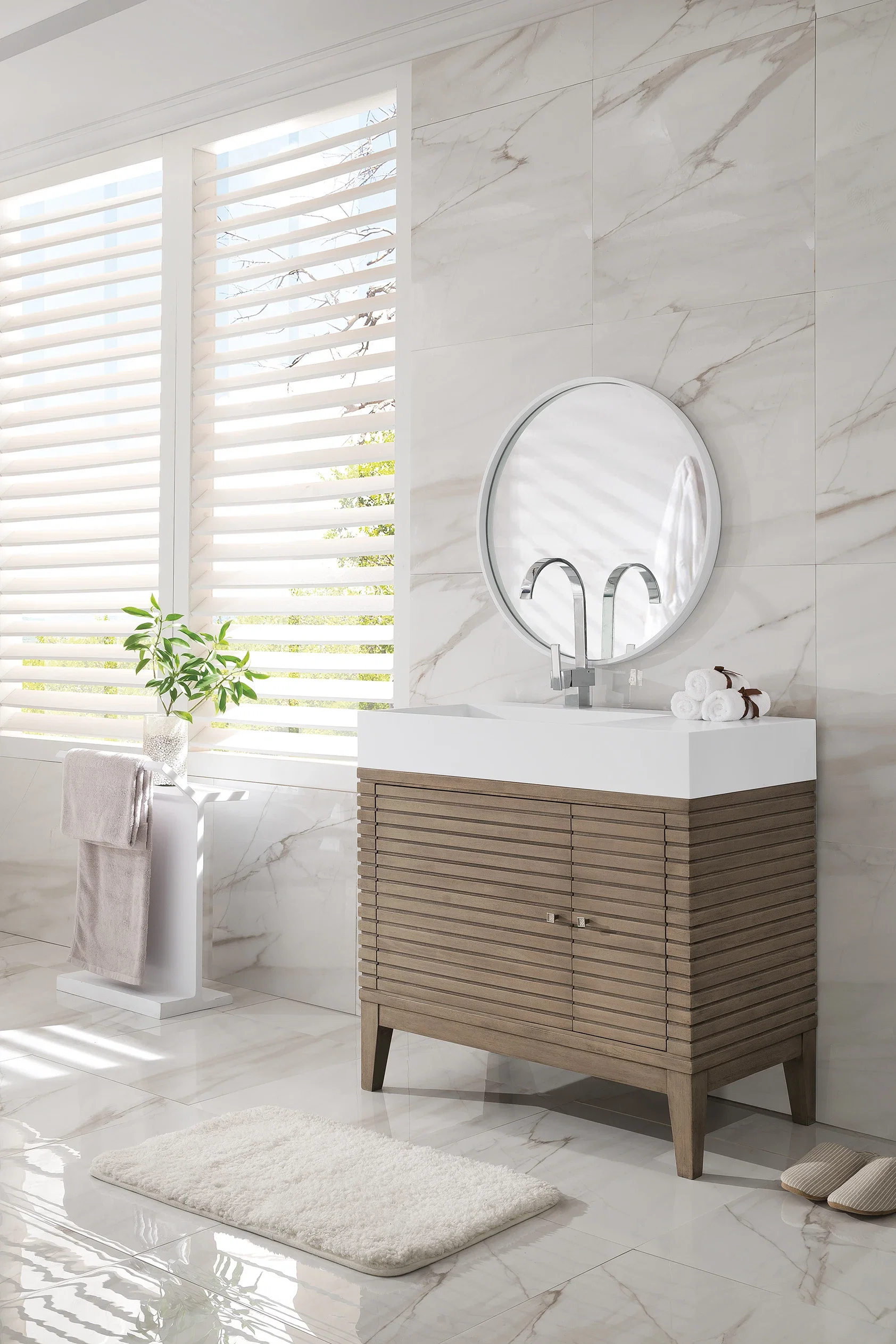 Linear 36" Single Vanity, Whitewashed Walnut w/ Glossy White Composite Stone Top