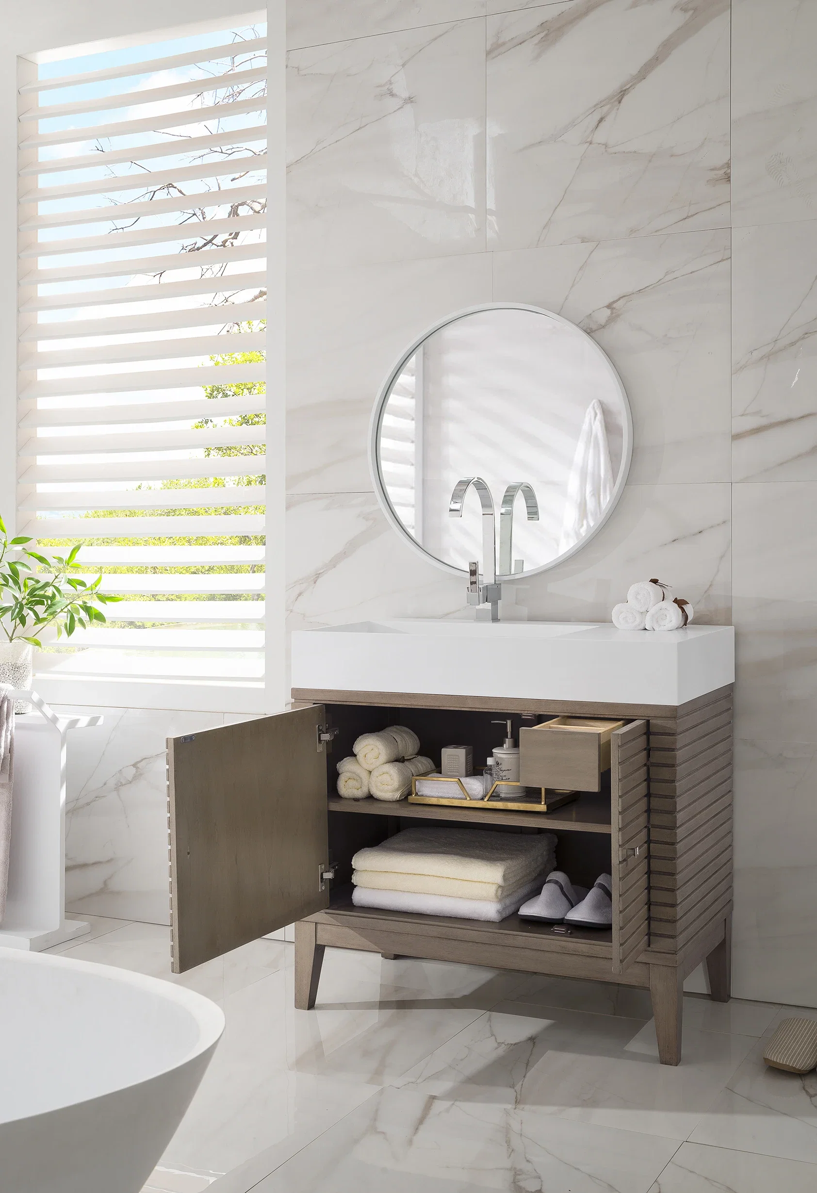 Linear 36" Single Vanity, Whitewashed Walnut w/ Glossy White Composite Stone Top