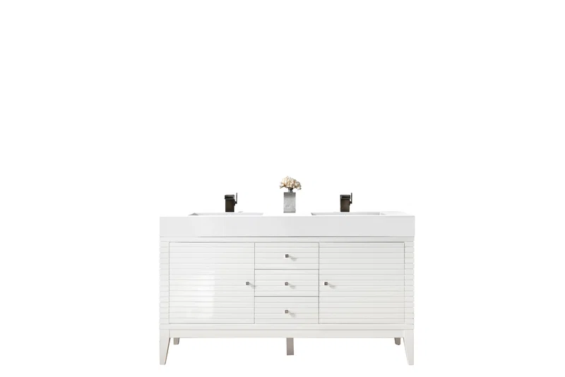 Linear 59" Double Vanity, Glossy White w/ Glossy White Composite Stone Top