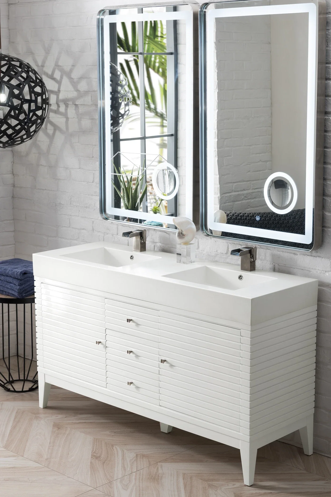 Linear 59" Double Vanity, Glossy White w/ Glossy White Composite Stone Top