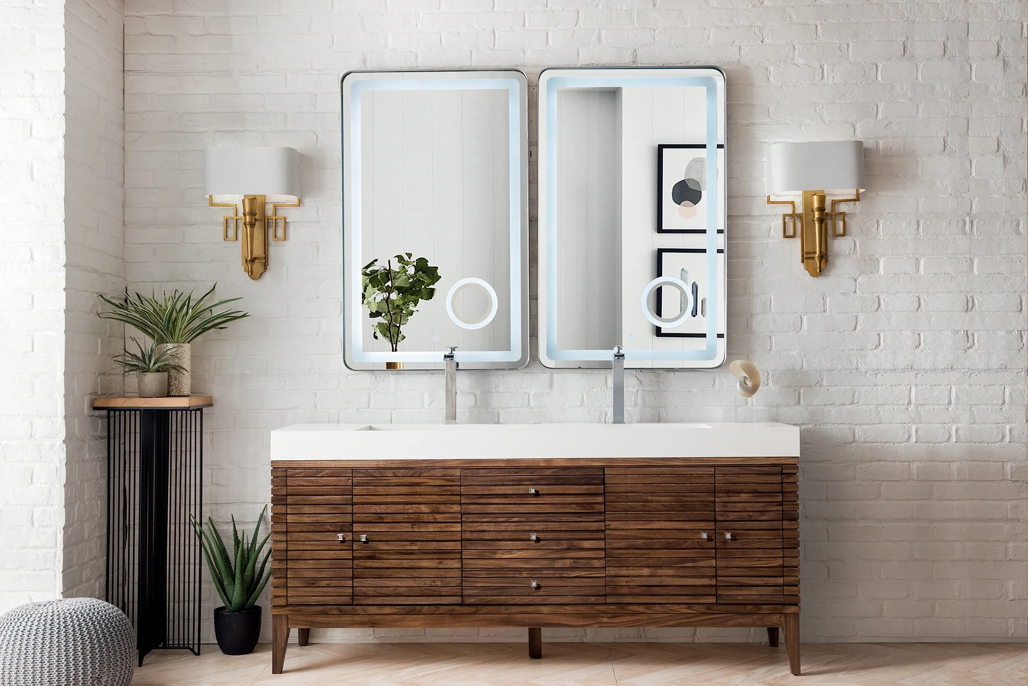 Linear 72" Double Vanity, Mid-Century Walnut w/ Glossy White Composite Stone Top