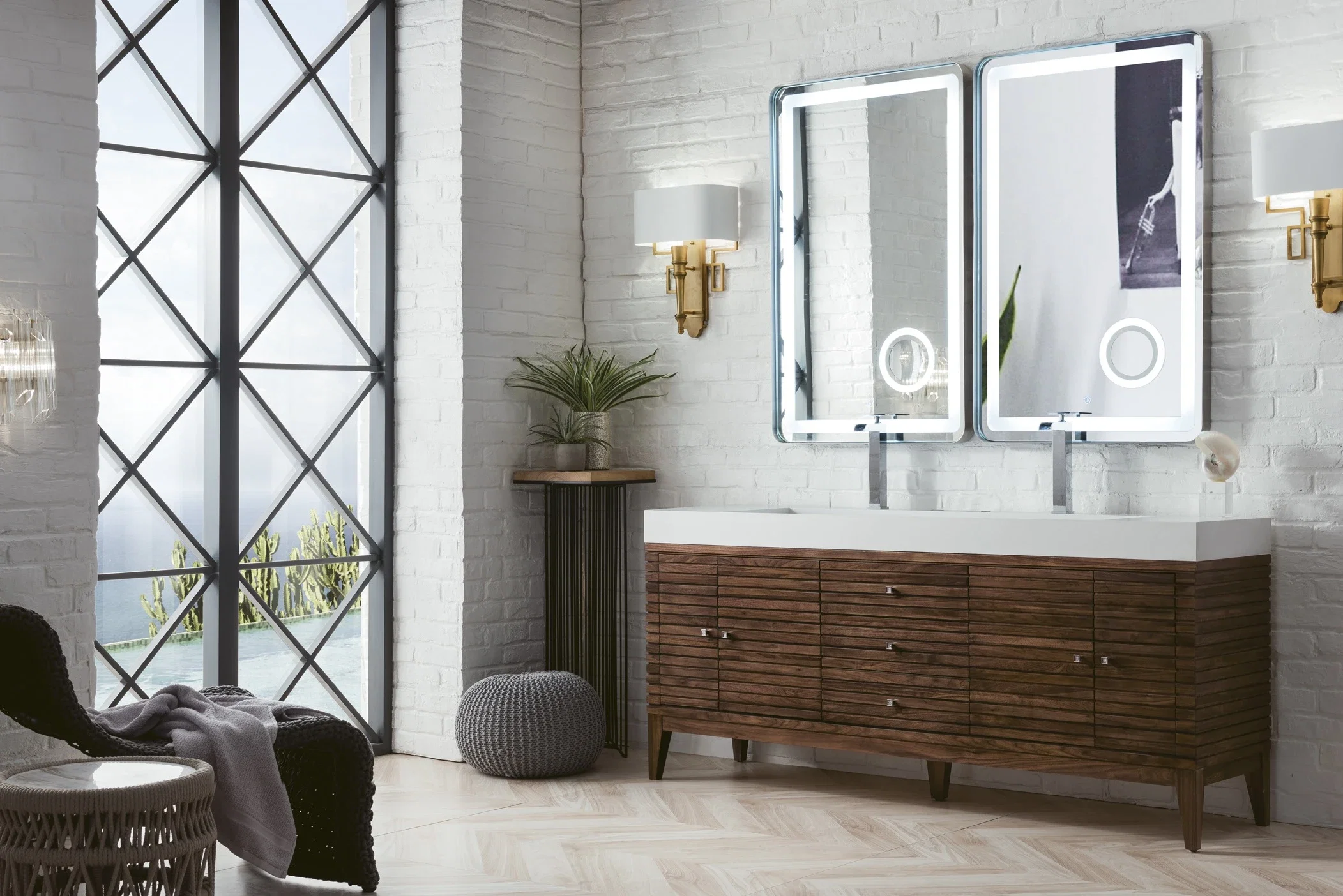 Linear 72" Double Vanity, Mid-Century Walnut w/ Glossy White Composite Stone Top