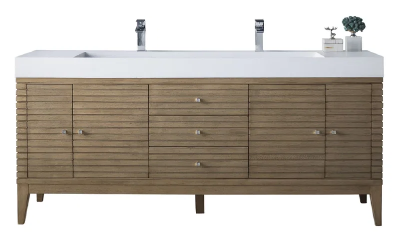 Linear 72" Double Vanity Whitewashed Walnut w/ Glossy White Composite Stone Top